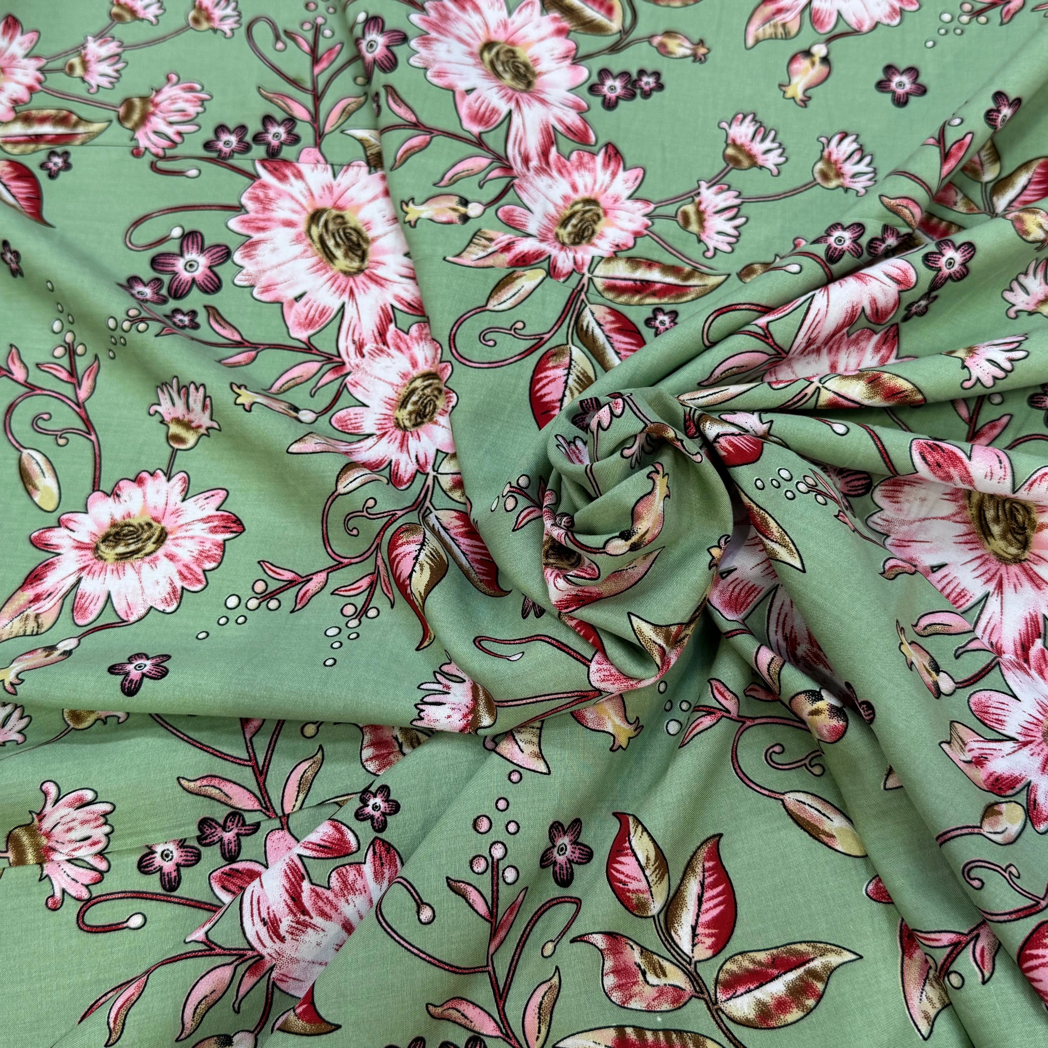 TISSU 100% VISCOSE IMPRIMÉ FOND VERT KAKI - My Little Coupon