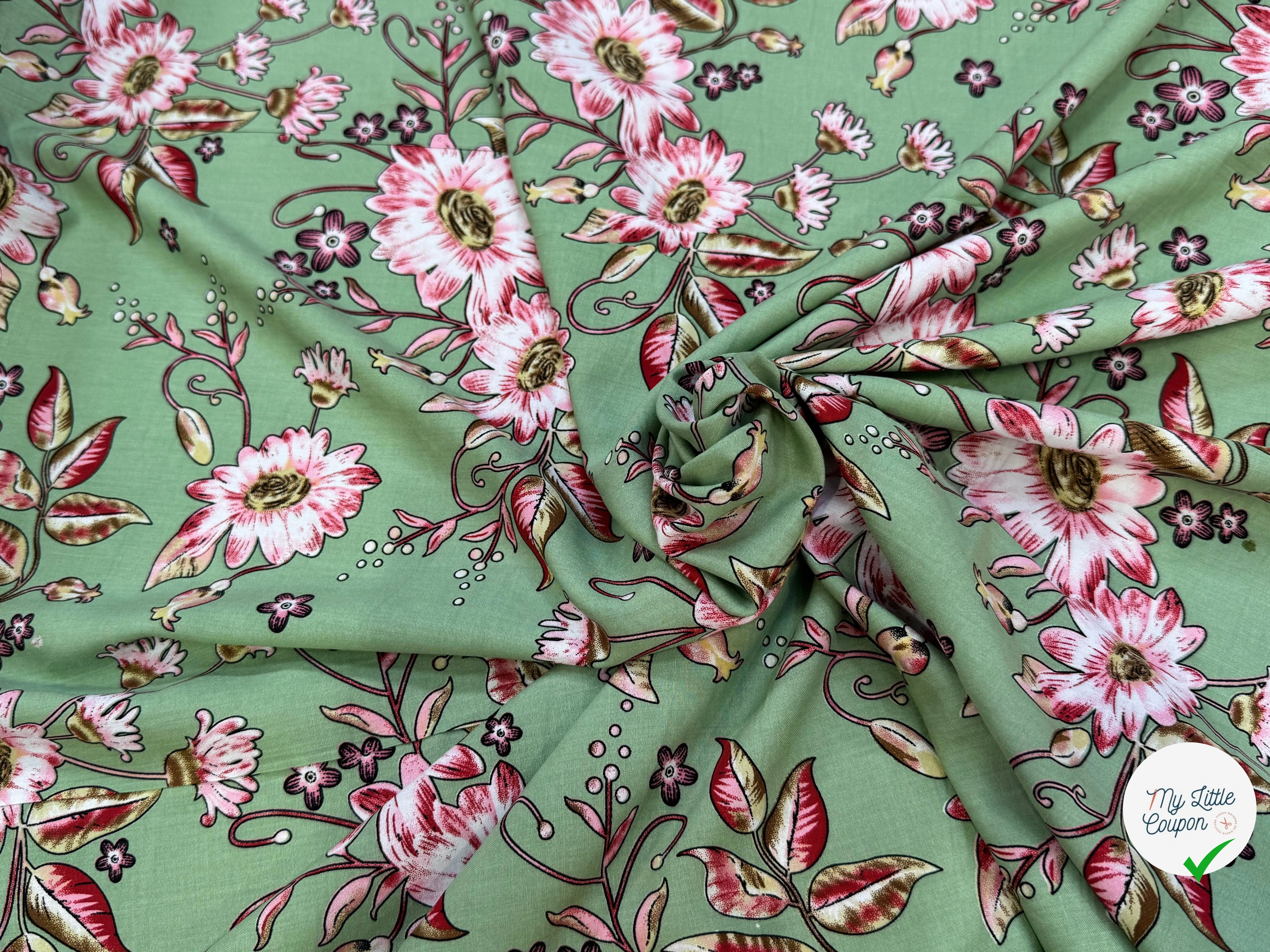 TISSU 100% VISCOSE IMPRIMÉ FOND VERT KAKI - My Little Coupon