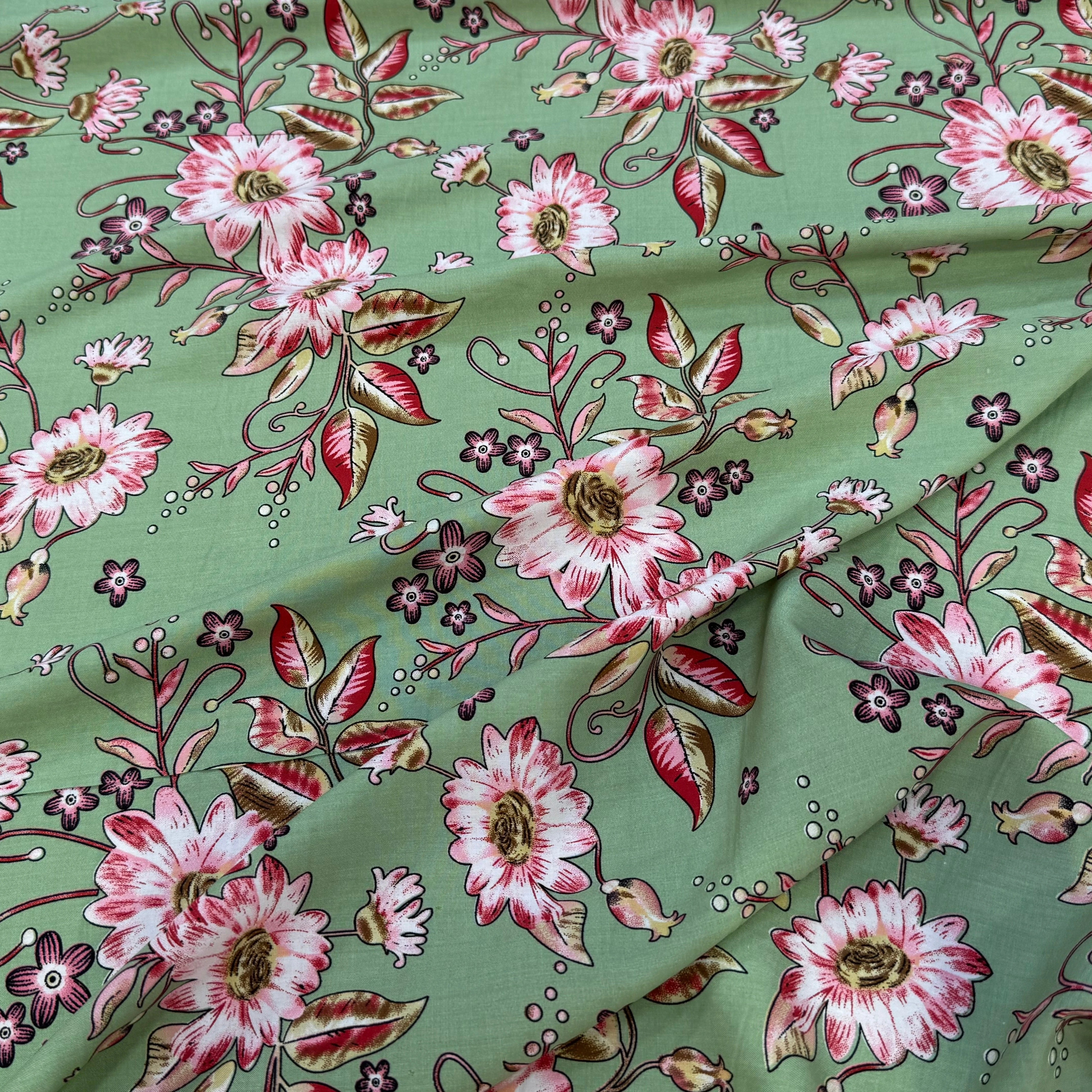 TISSU 100% VISCOSE IMPRIMÉ FOND VERT KAKI - My Little Coupon