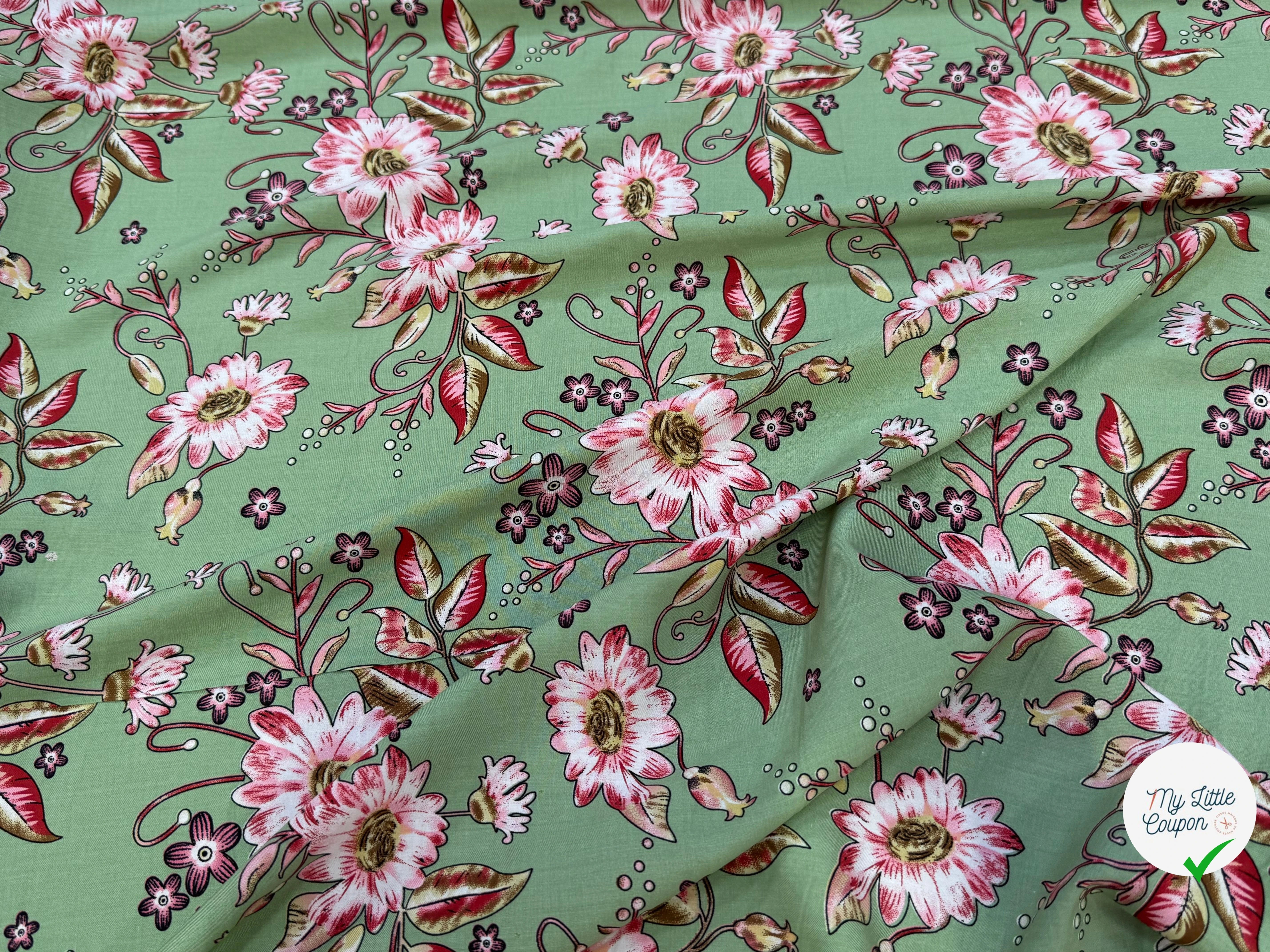 TISSU 100% VISCOSE IMPRIMÉ FOND VERT KAKI - My Little Coupon