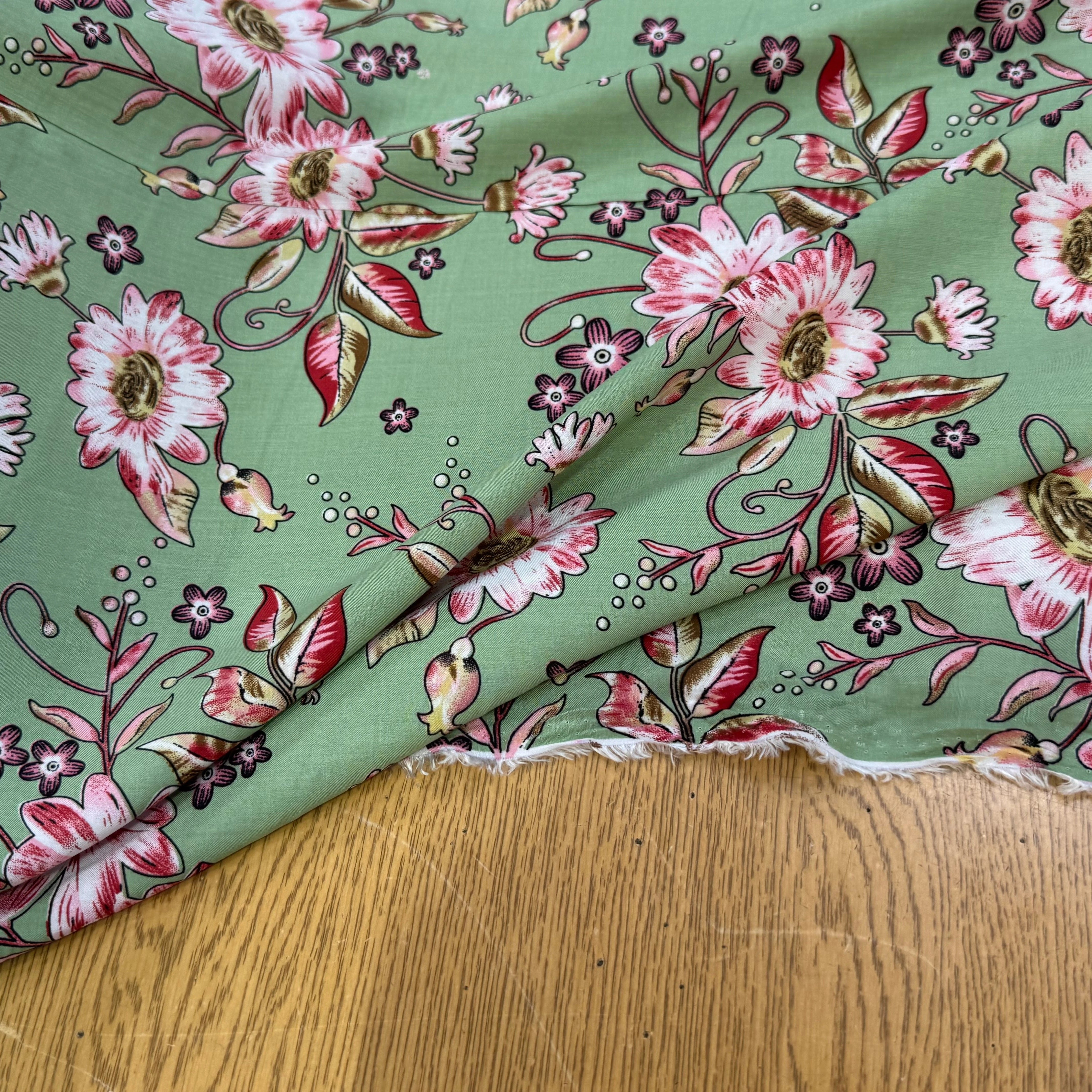 TISSU 100% VISCOSE IMPRIMÉ FOND VERT KAKI - My Little Coupon
