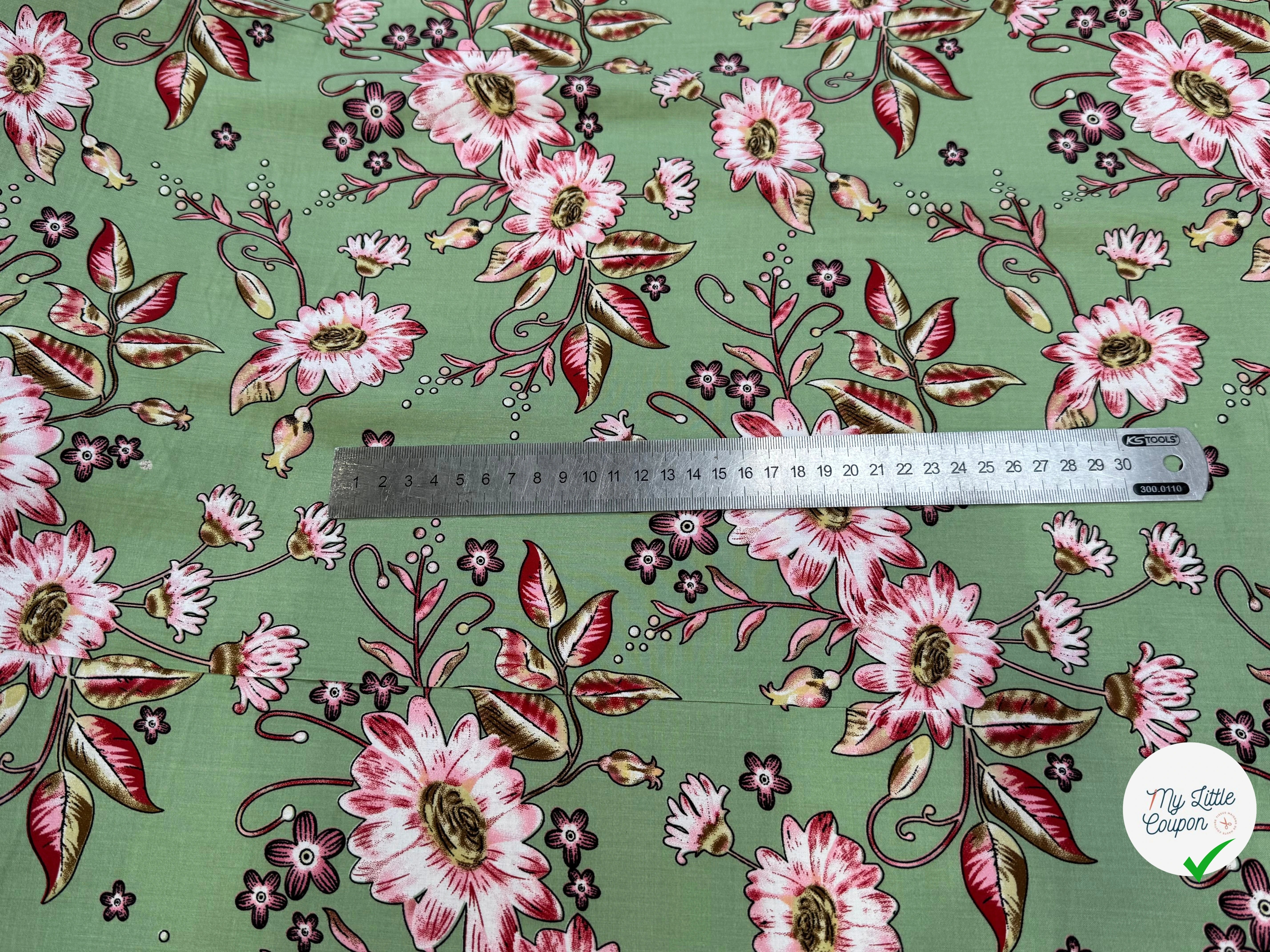 TISSU 100% VISCOSE IMPRIMÉ FOND VERT KAKI - My Little Coupon