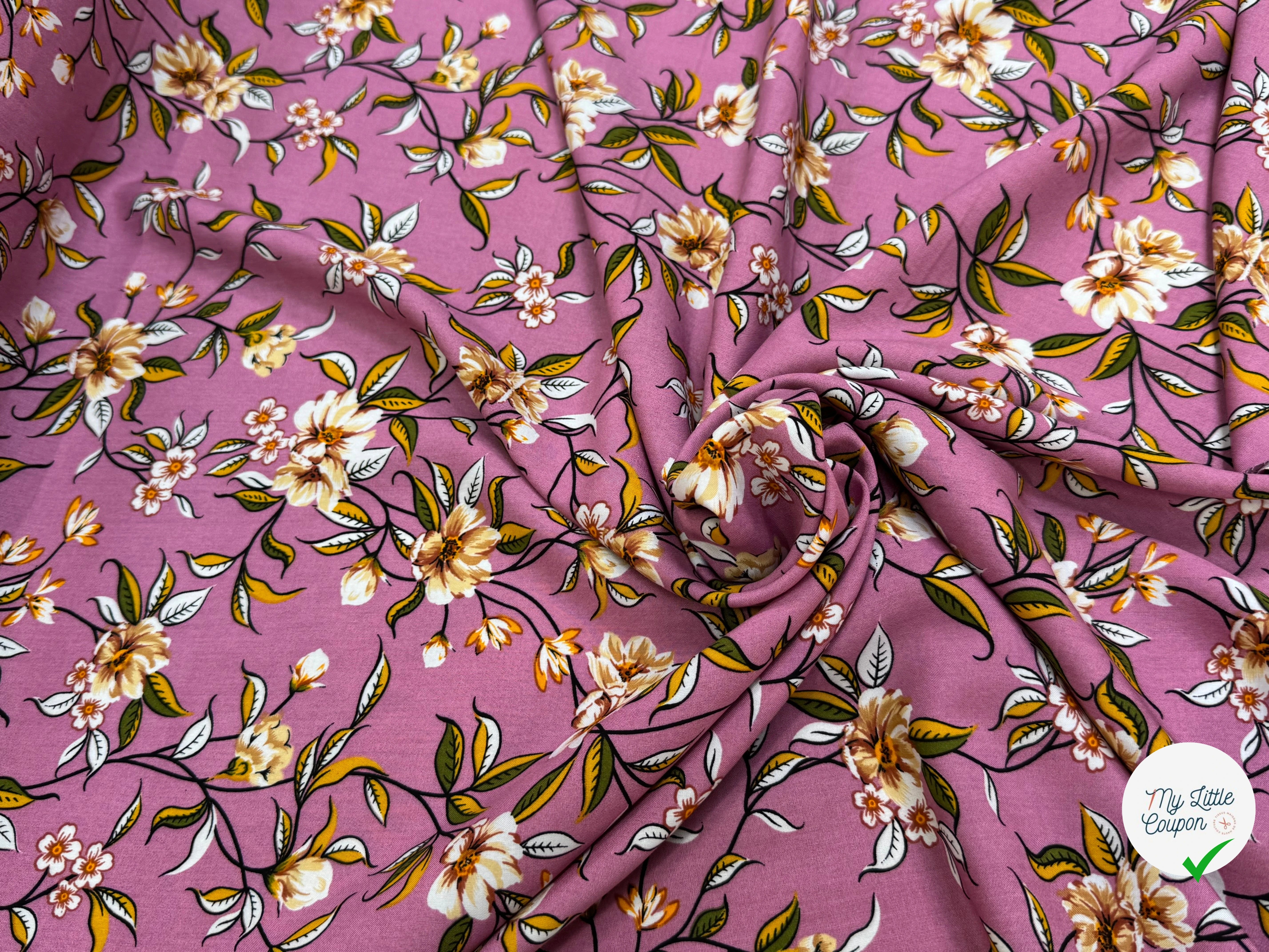 TISSU 100% VISCOSE IMPRIMÉ FOND VIEUX ROSE - My Little Coupon