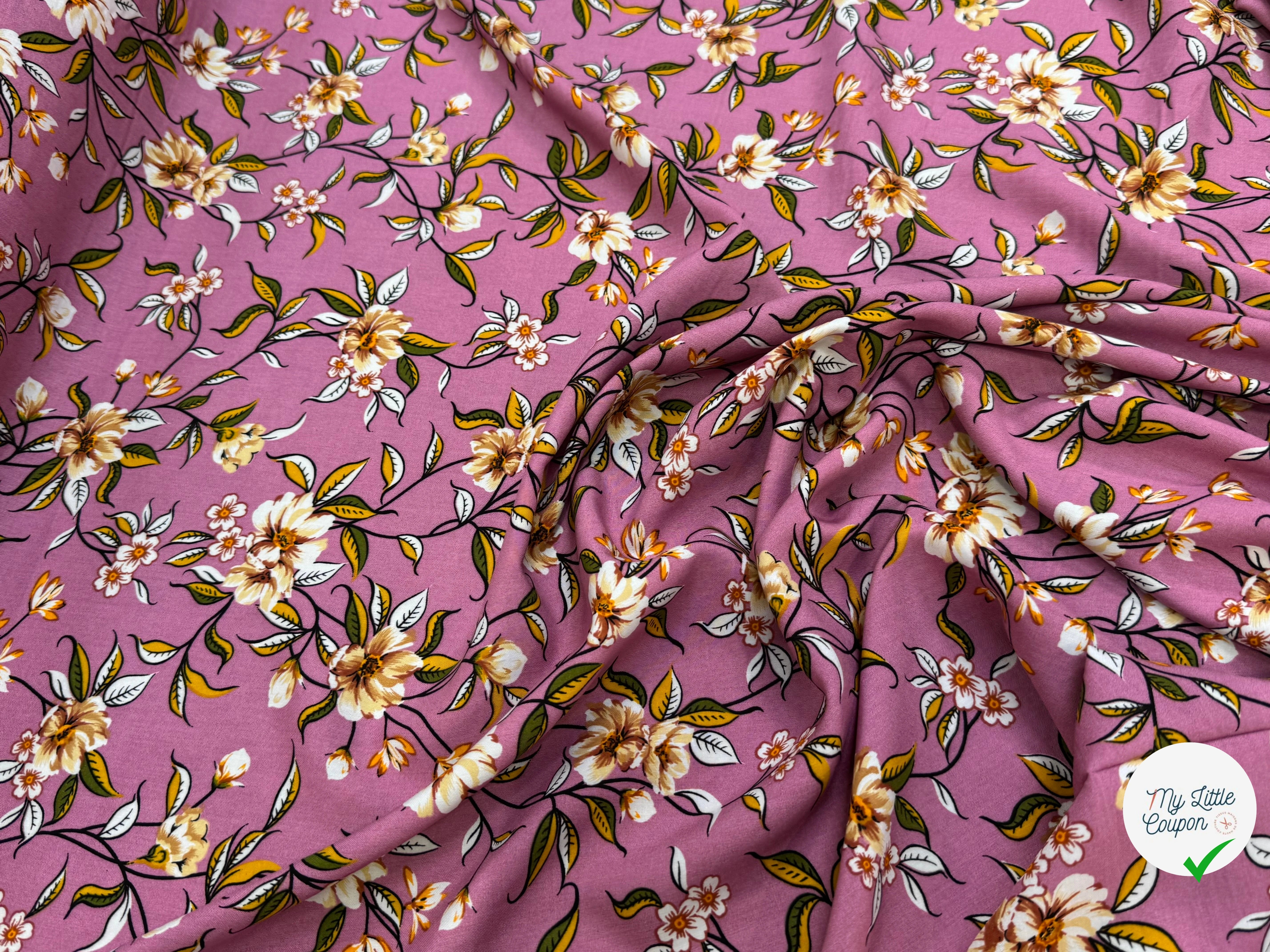 TISSU 100% VISCOSE IMPRIMÉ FOND VIEUX ROSE - My Little Coupon