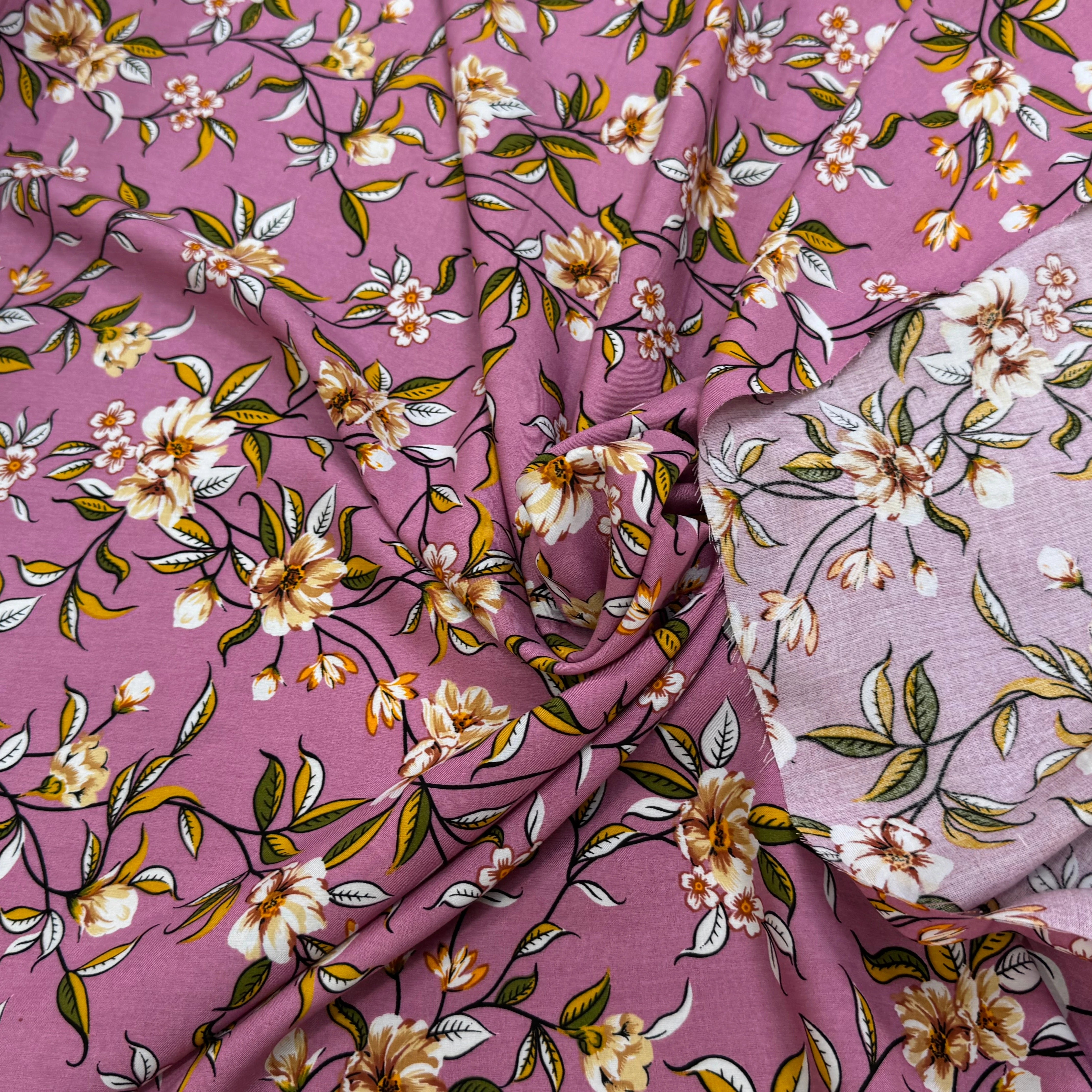 TISSU 100% VISCOSE IMPRIMÉ FOND VIEUX ROSE - My Little Coupon