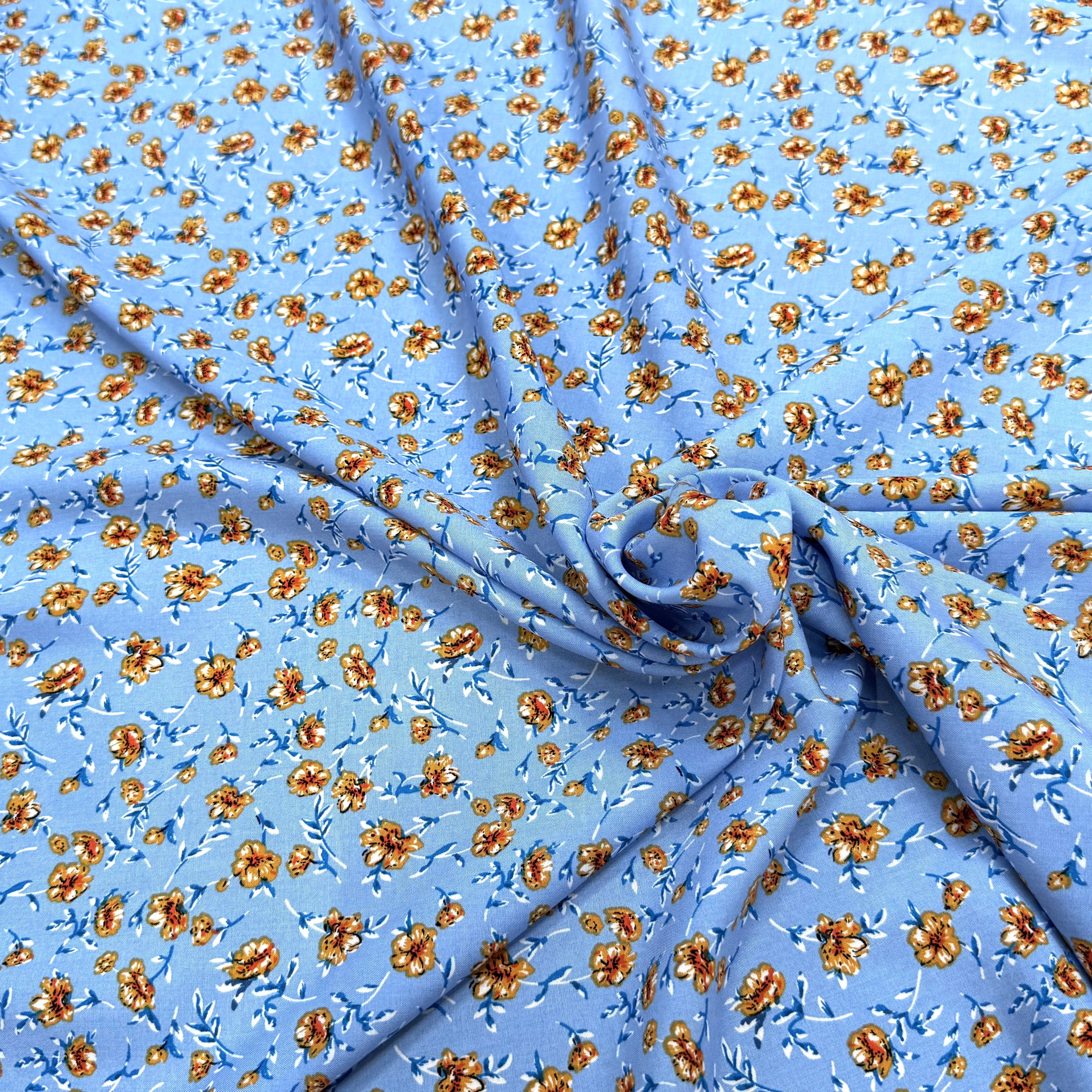 TISSU 100% VISCOSE IMPRIMÉ MINI FLEURS FOND BLEU CIEL - My Little Coupon