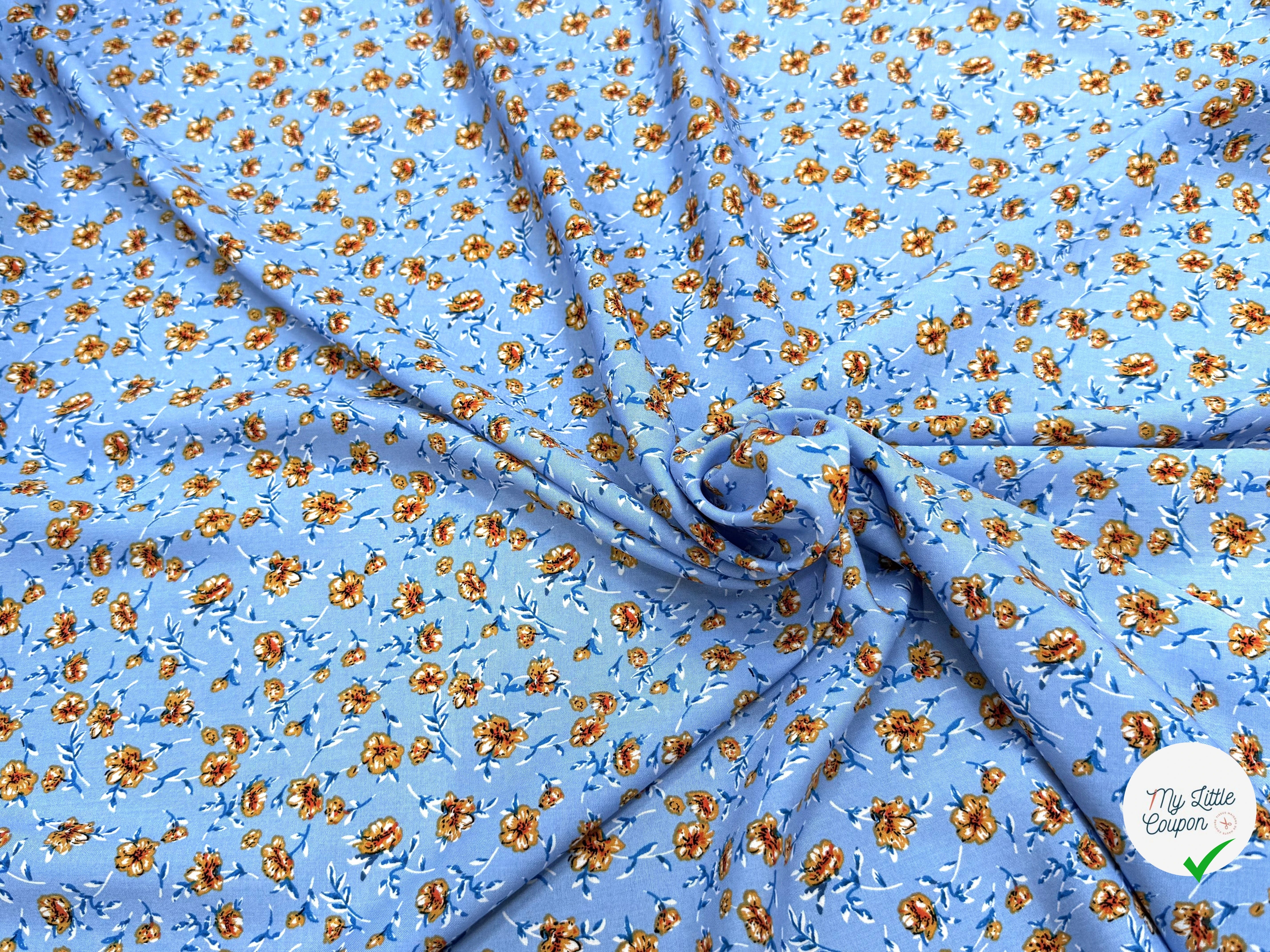 TISSU 100% VISCOSE IMPRIMÉ MINI FLEURS FOND BLEU CIEL - My Little Coupon