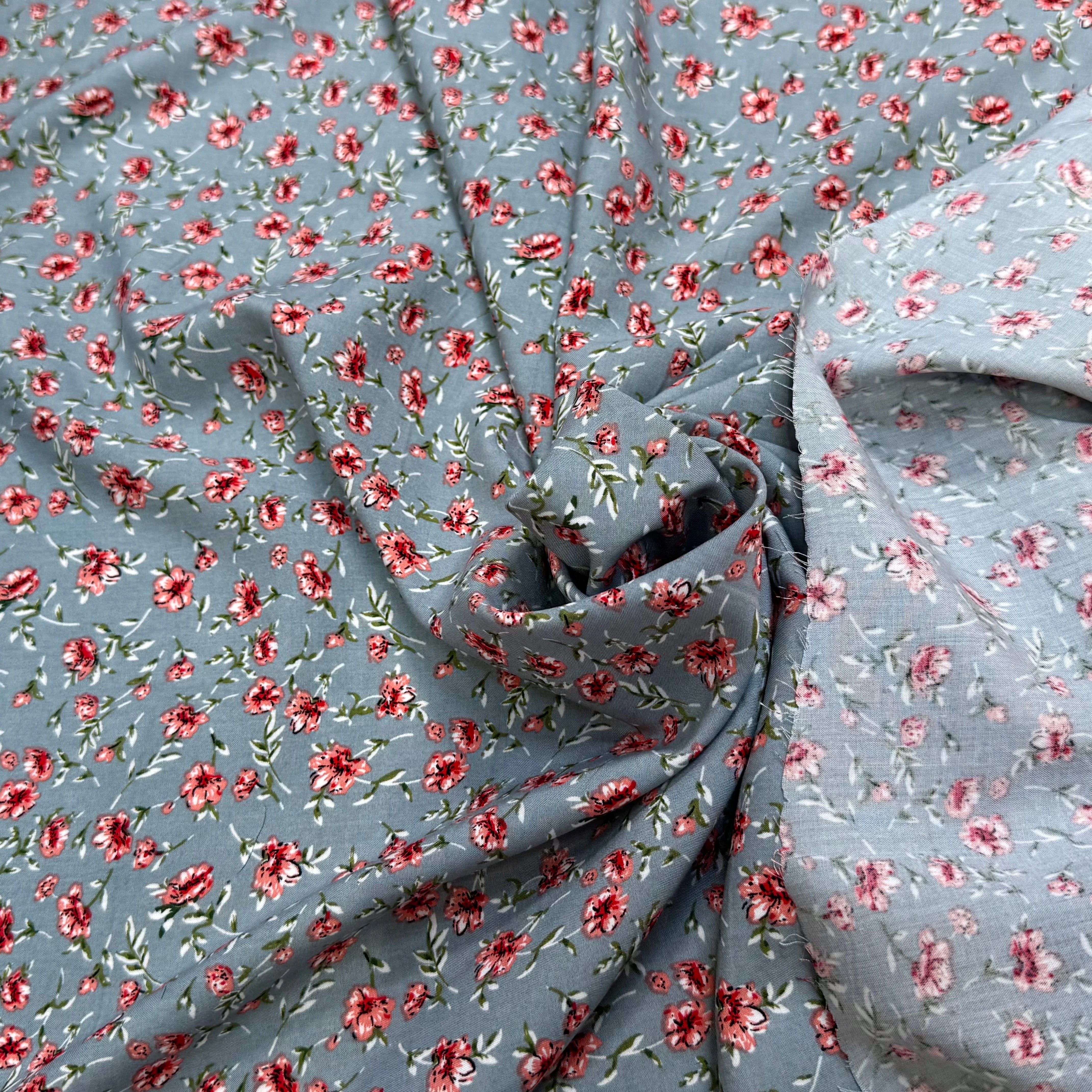 TISSU 100% VISCOSE IMPRIMÉ MINI FLEURS FOND GRIS - My Little Coupon