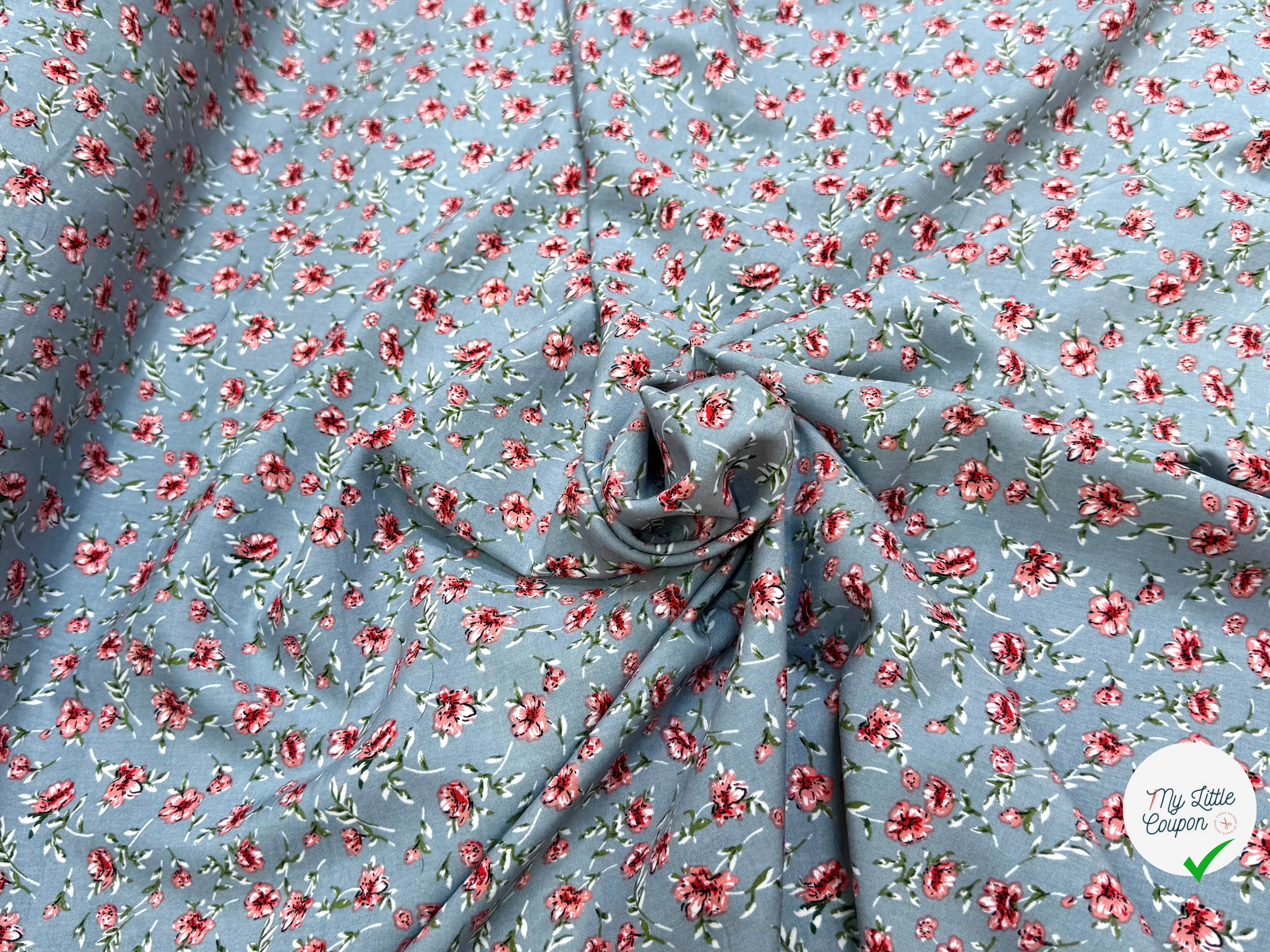 TISSU 100% VISCOSE IMPRIMÉ MINI FLEURS FOND GRIS - My Little Coupon