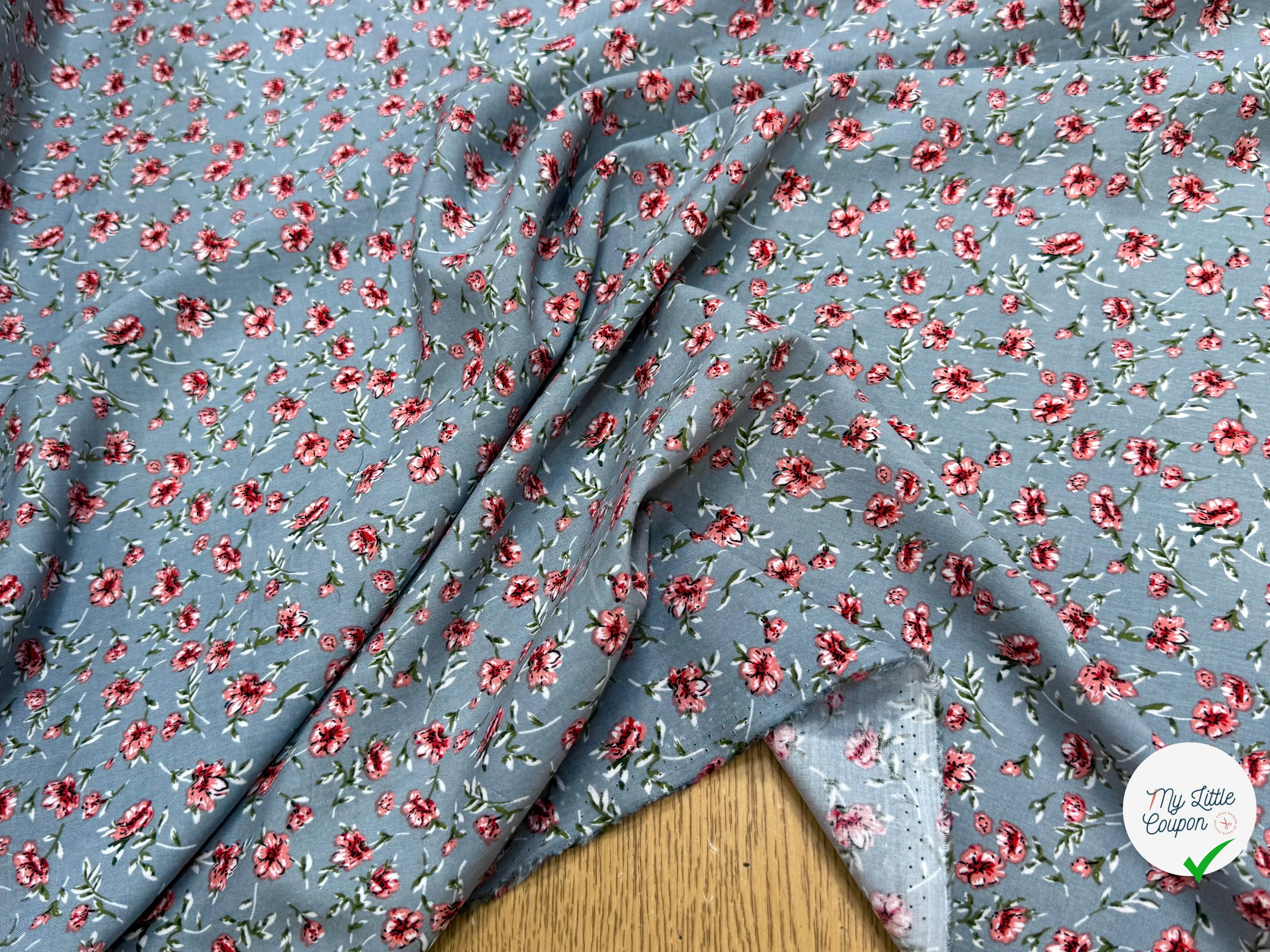 TISSU 100% VISCOSE IMPRIMÉ MINI FLEURS FOND GRIS - My Little Coupon