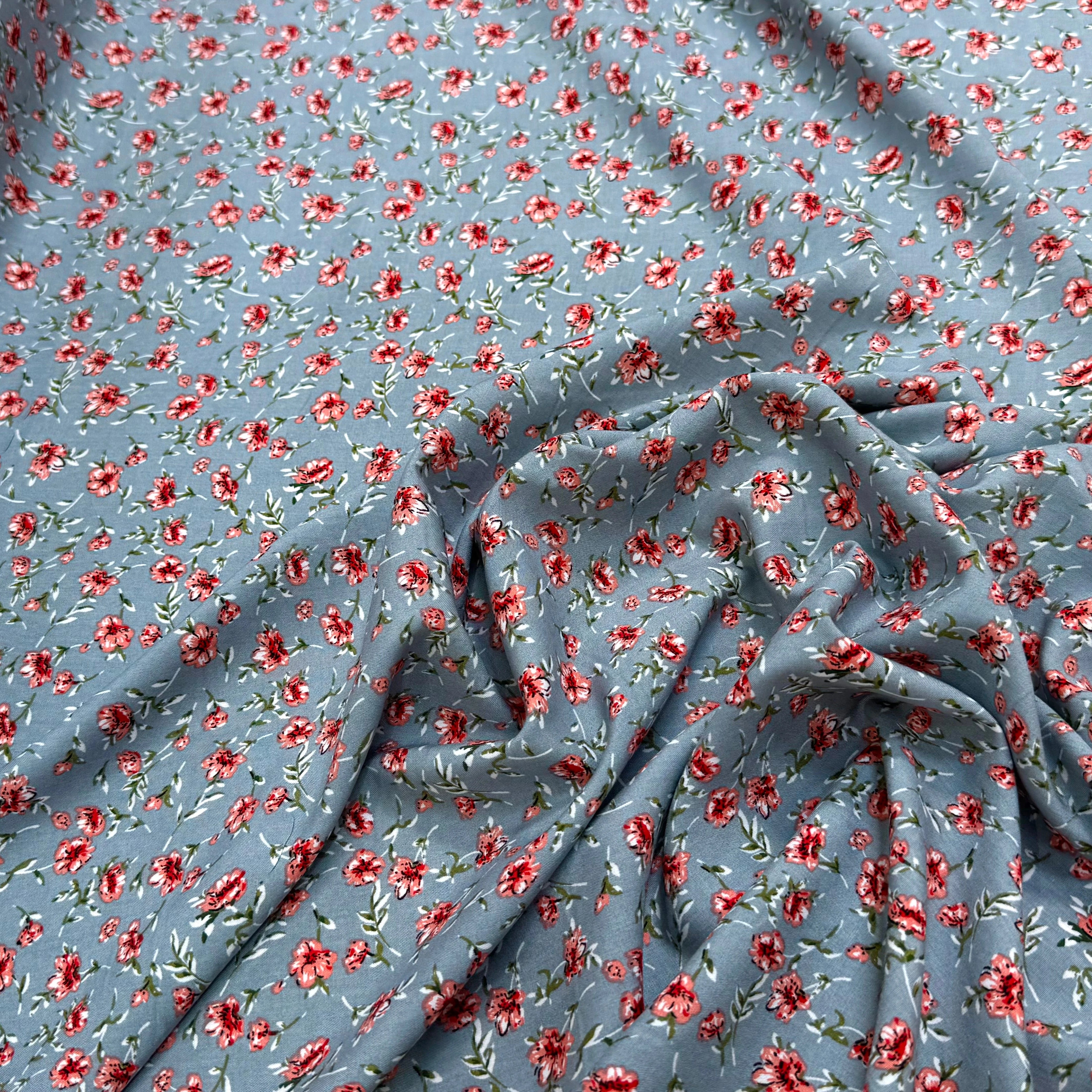 TISSU 100% VISCOSE IMPRIMÉ MINI FLEURS FOND GRIS - My Little Coupon