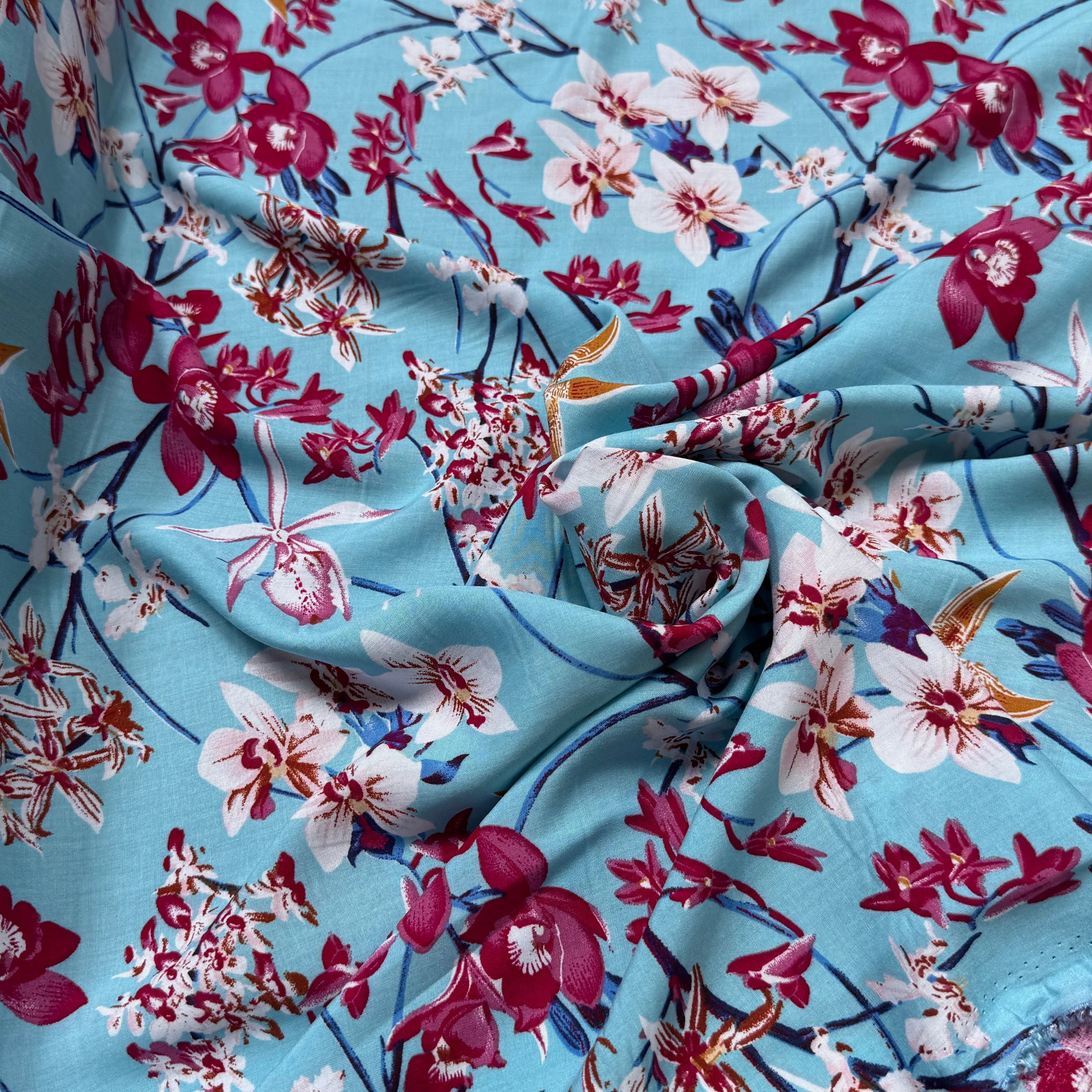 TISSU 100% VISCOSE IMPRIMÉ MOTIFS FLOREAUX FOND TURQUOISE - My Little Coupon