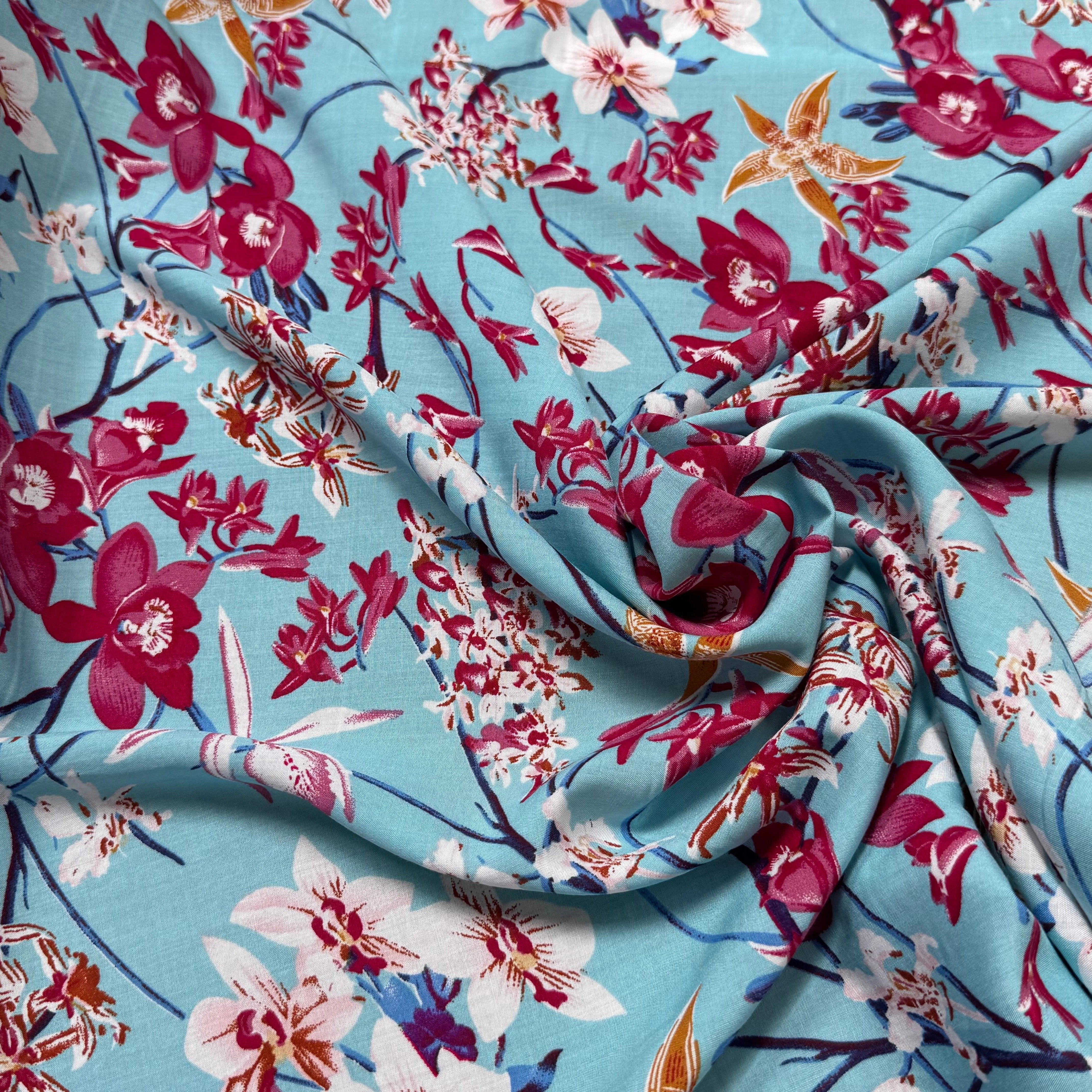 TISSU 100% VISCOSE IMPRIMÉ MOTIFS FLOREAUX FOND TURQUOISE - My Little Coupon
