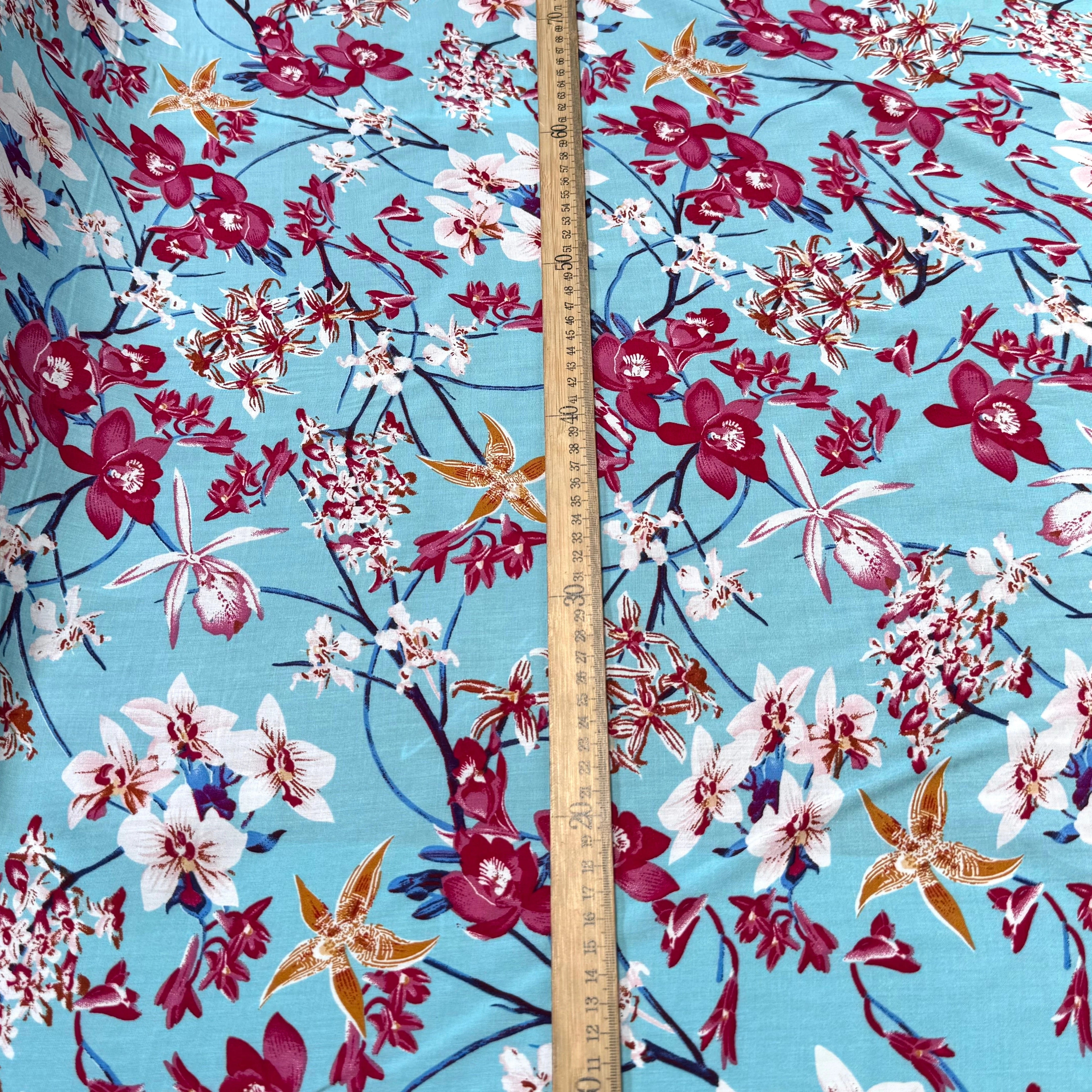 TISSU 100% VISCOSE IMPRIMÉ MOTIFS FLOREAUX FOND TURQUOISE - My Little Coupon