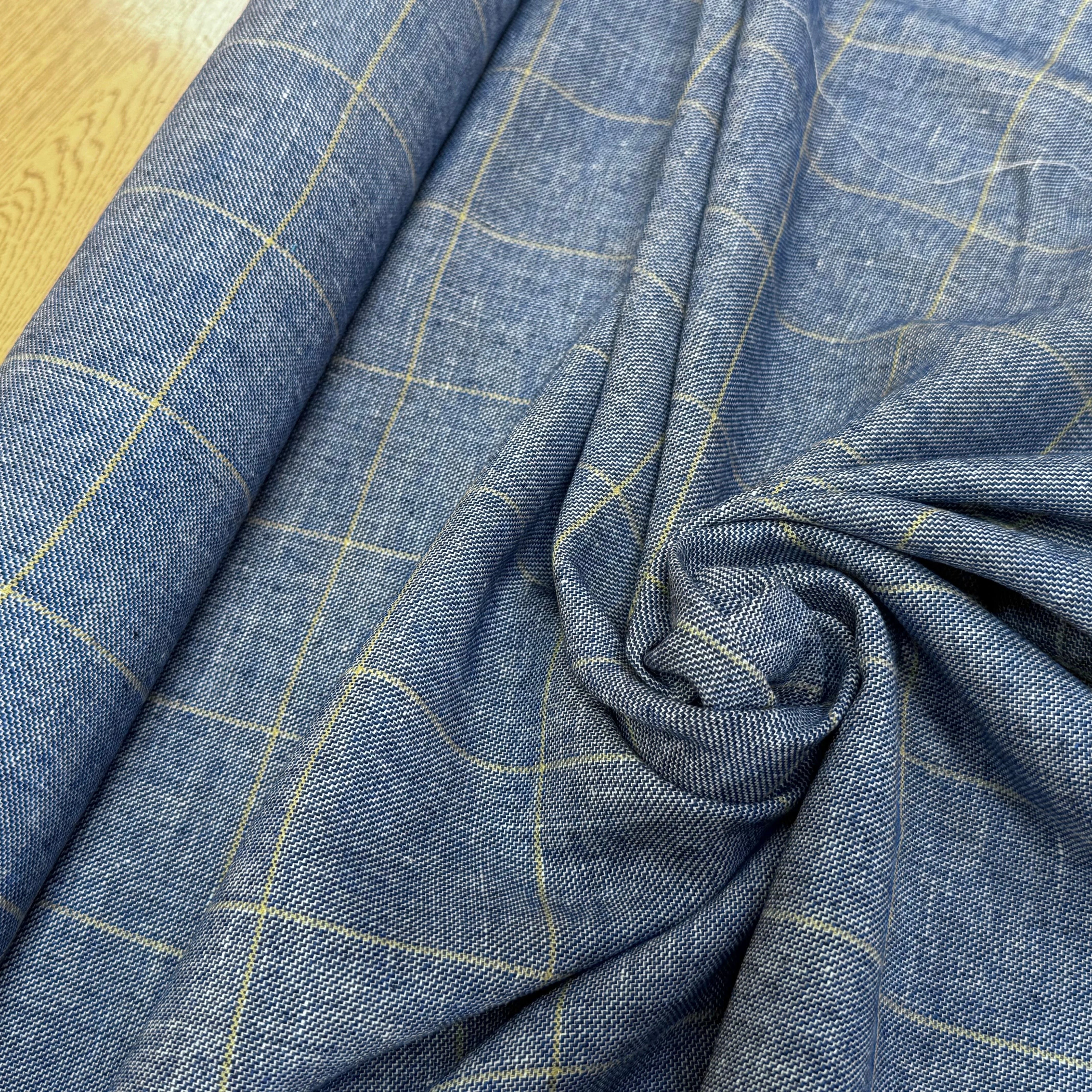 TISSU À CARREAUX 42% LIN LAINE & VISCOSE BLEU DENIM - My Little Coupon