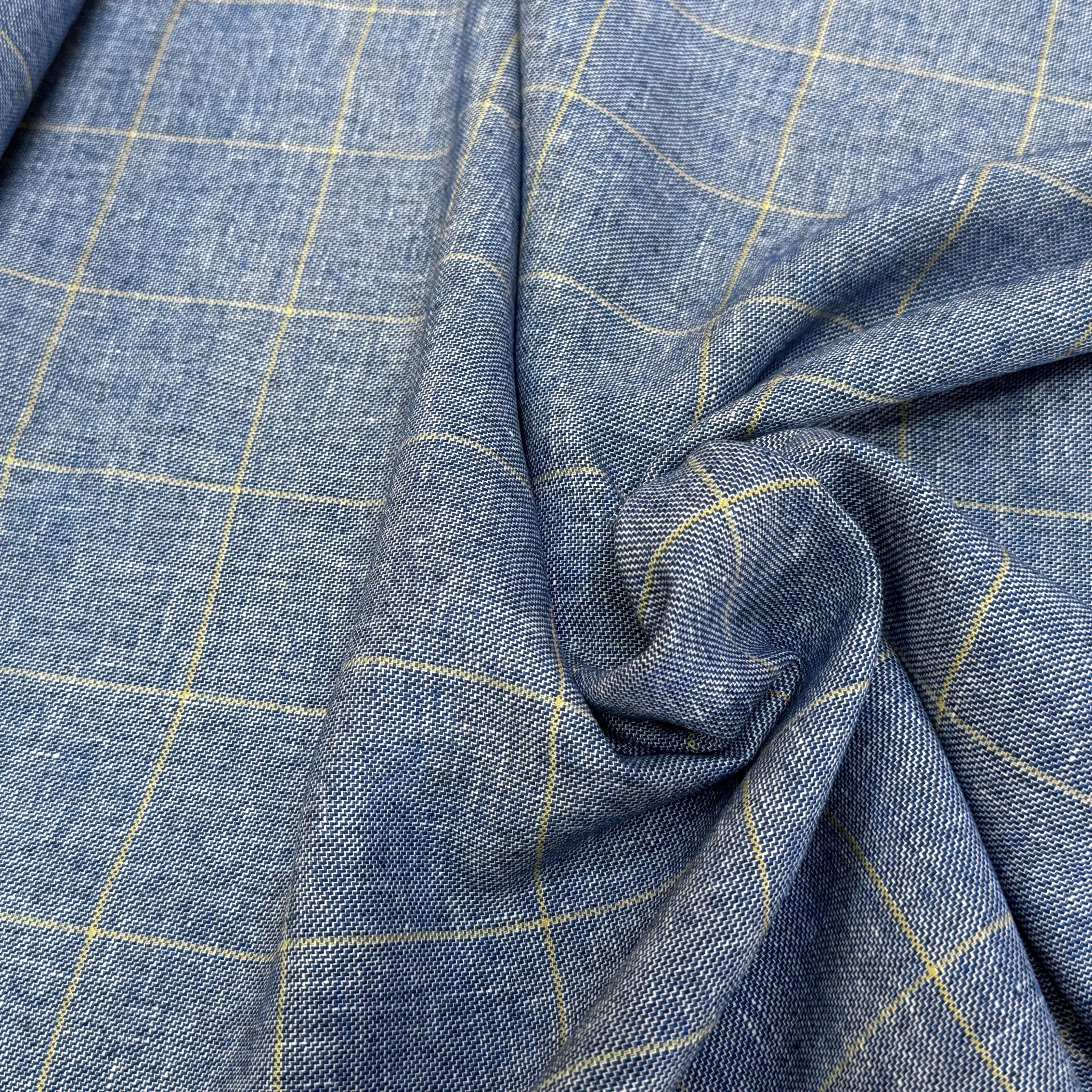 TISSU À CARREAUX 42% LIN LAINE & VISCOSE BLEU DENIM - My Little Coupon