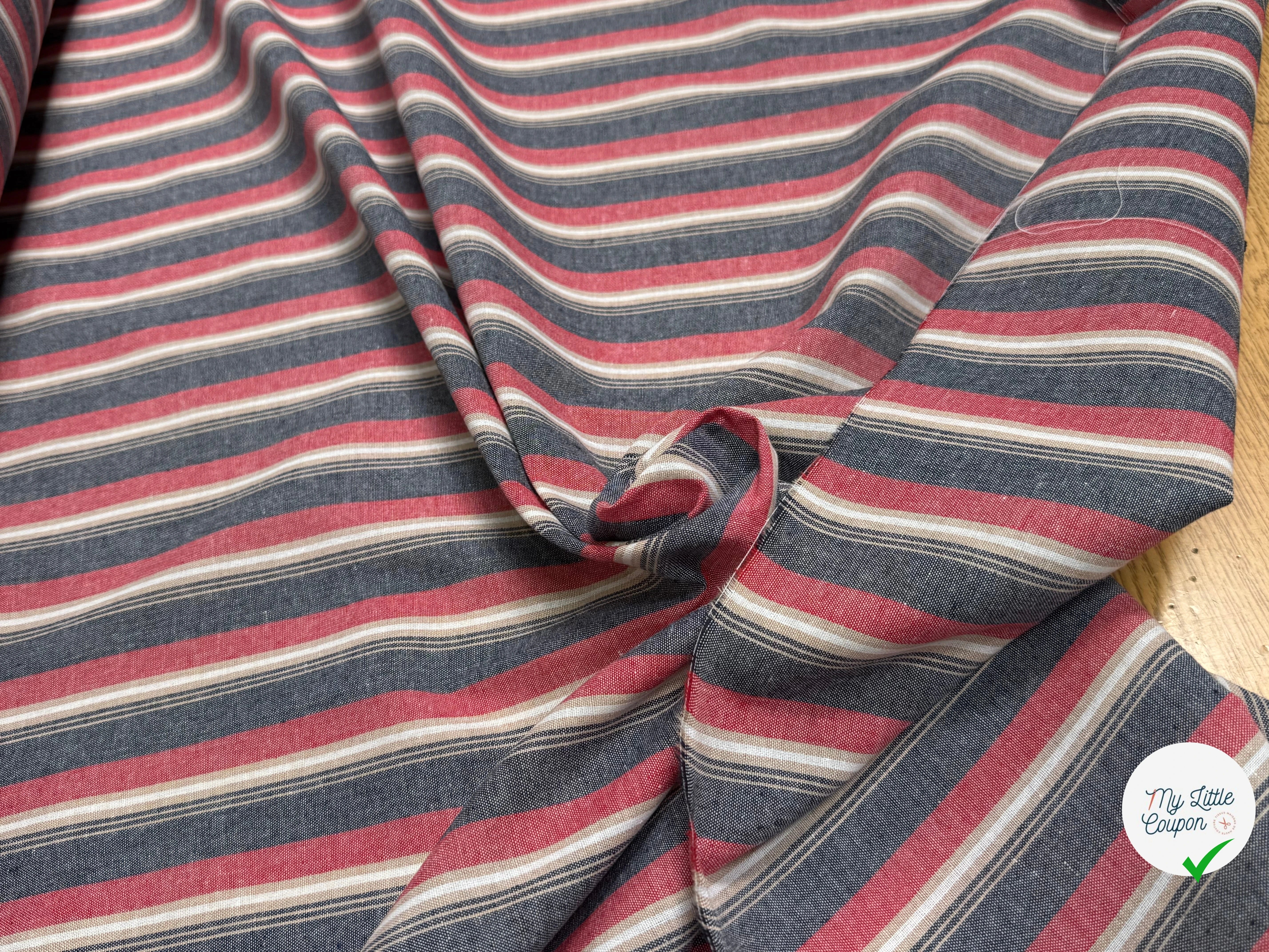 TISSU COTON ASPECT OXFORD 70% COTON RAYURES ROUGE - My Little Coupon