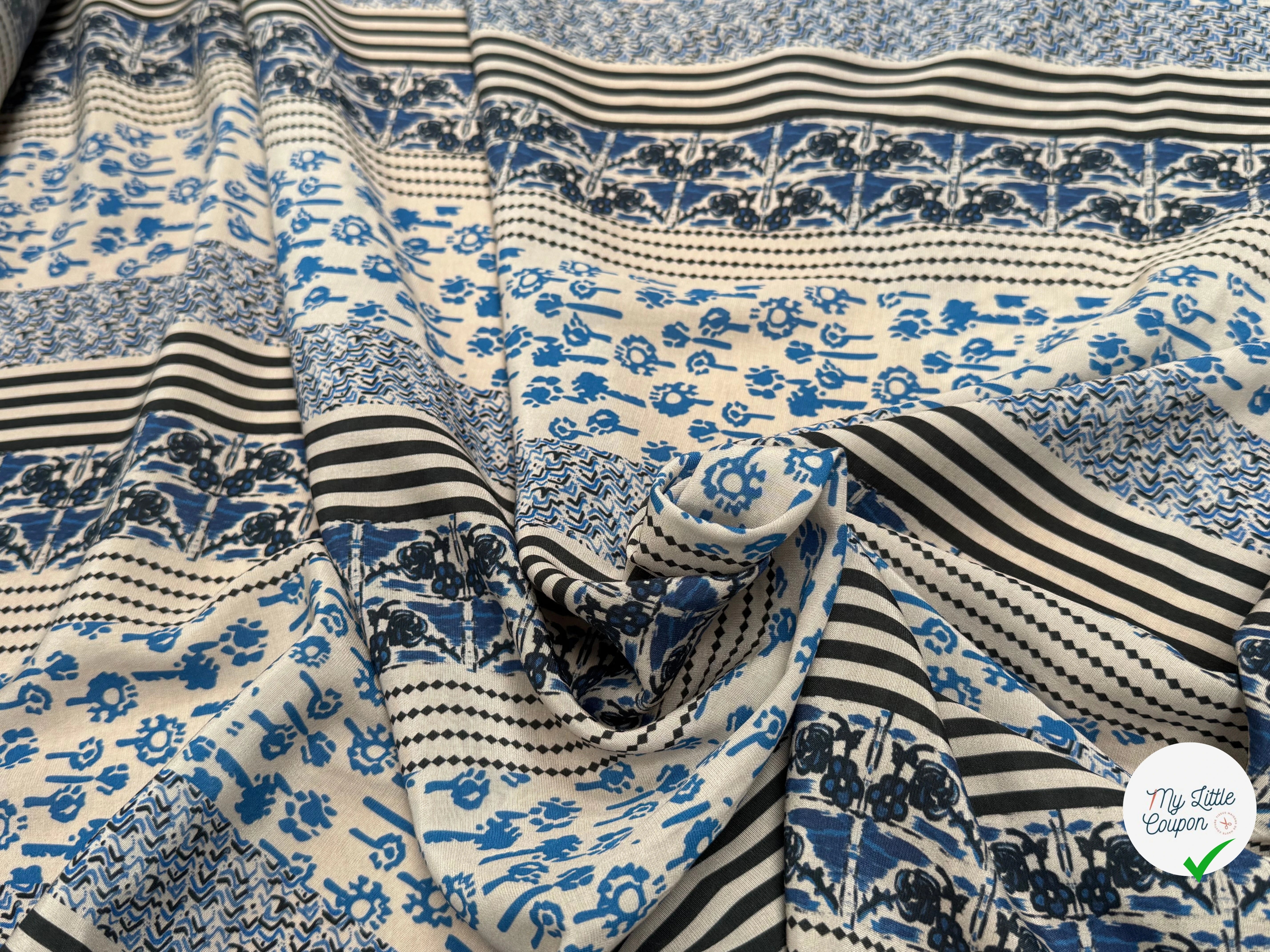 TISSU CRÊPE DE VISCOSE ÉCRU IMPRIMÉ POIS ET RAYURES BLEU TANGO QUEDUBLEU - My Little Coupon