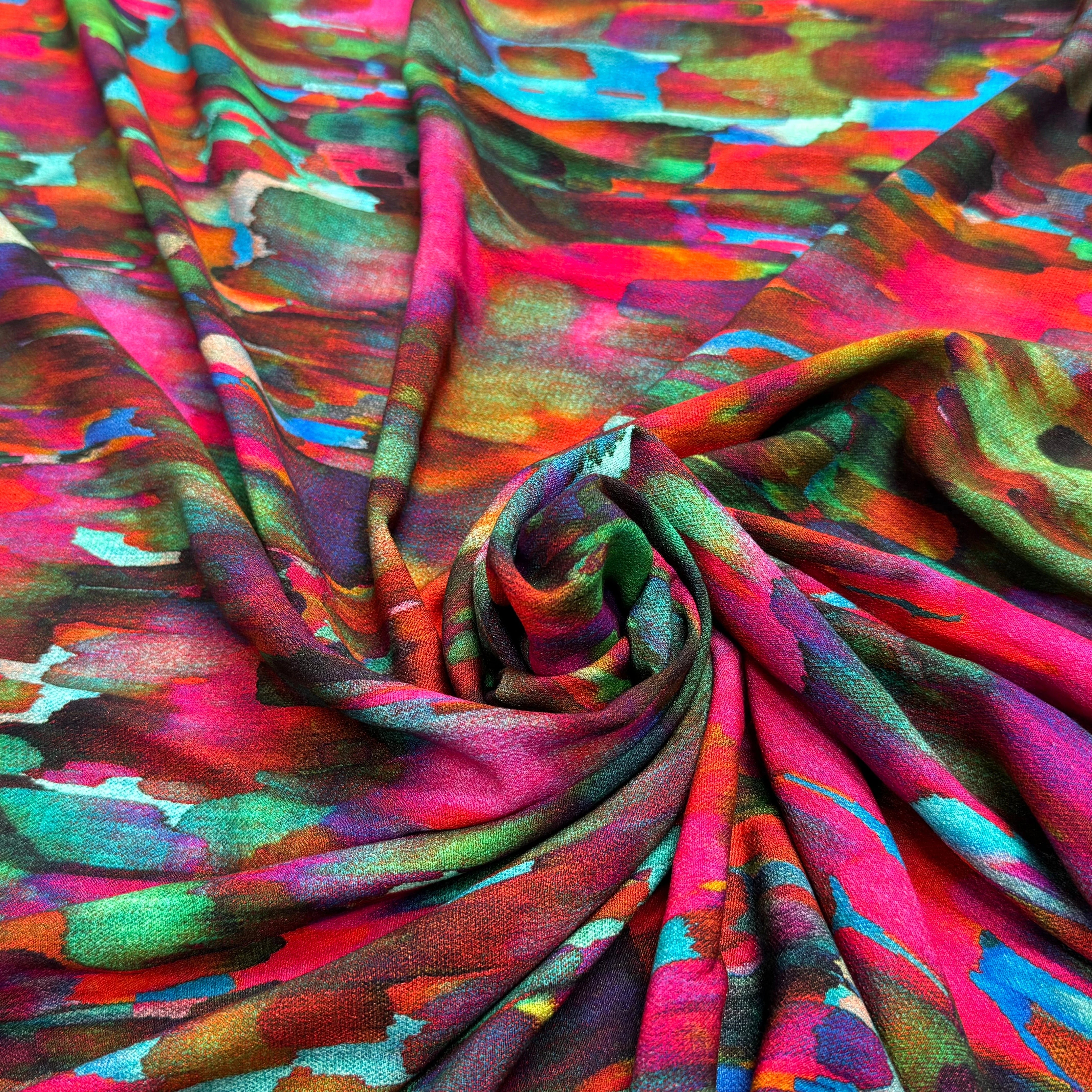 TISSU CRÊPE DE VISCOSE FLUIDE IMPRIMÉ PEINTURE MULTICOLORE CANDY PIGMENT - My Little Coupon