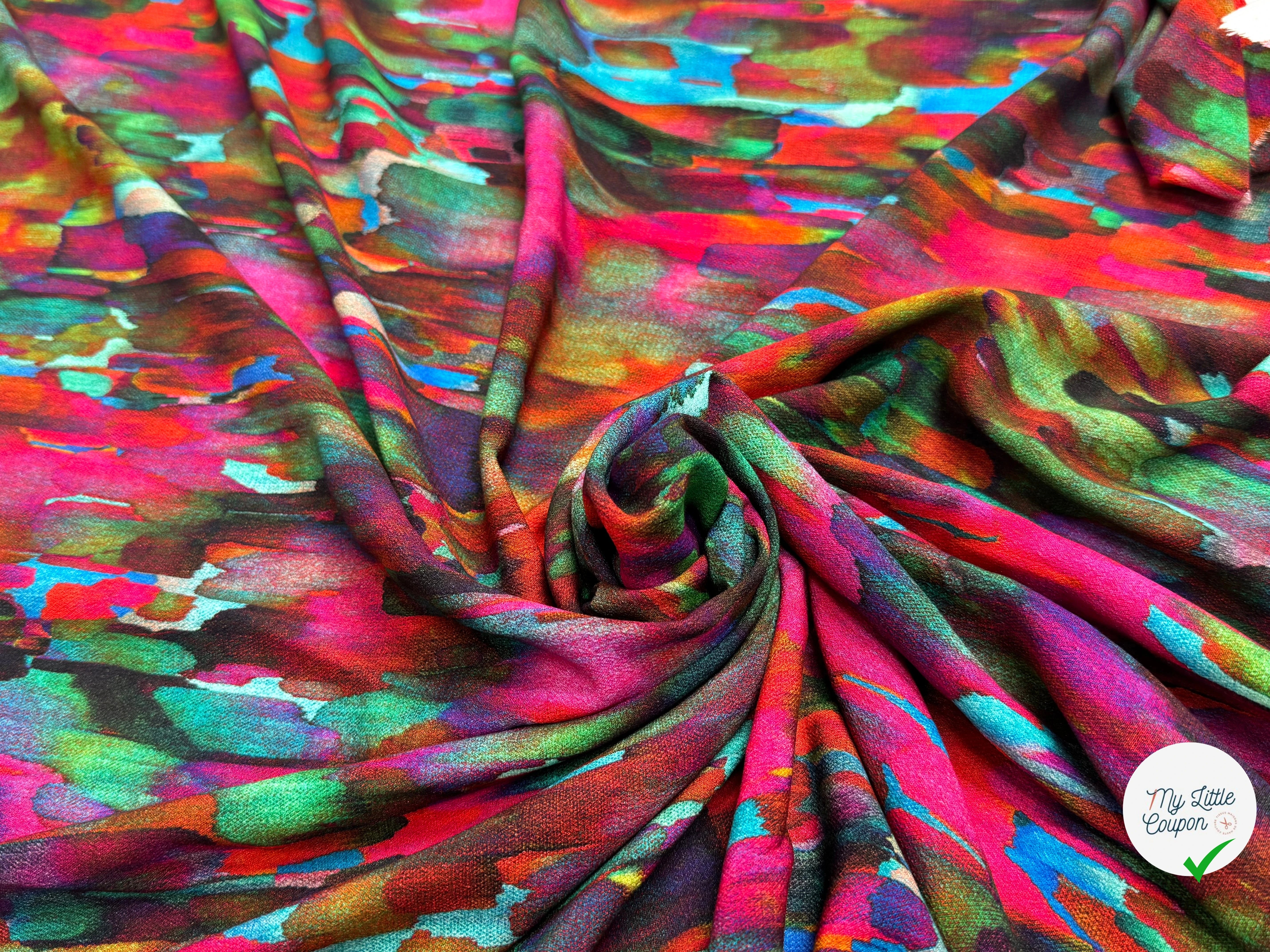 TISSU CRÊPE DE VISCOSE FLUIDE IMPRIMÉ PEINTURE MULTICOLORE CANDY PIGMENT - My Little Coupon