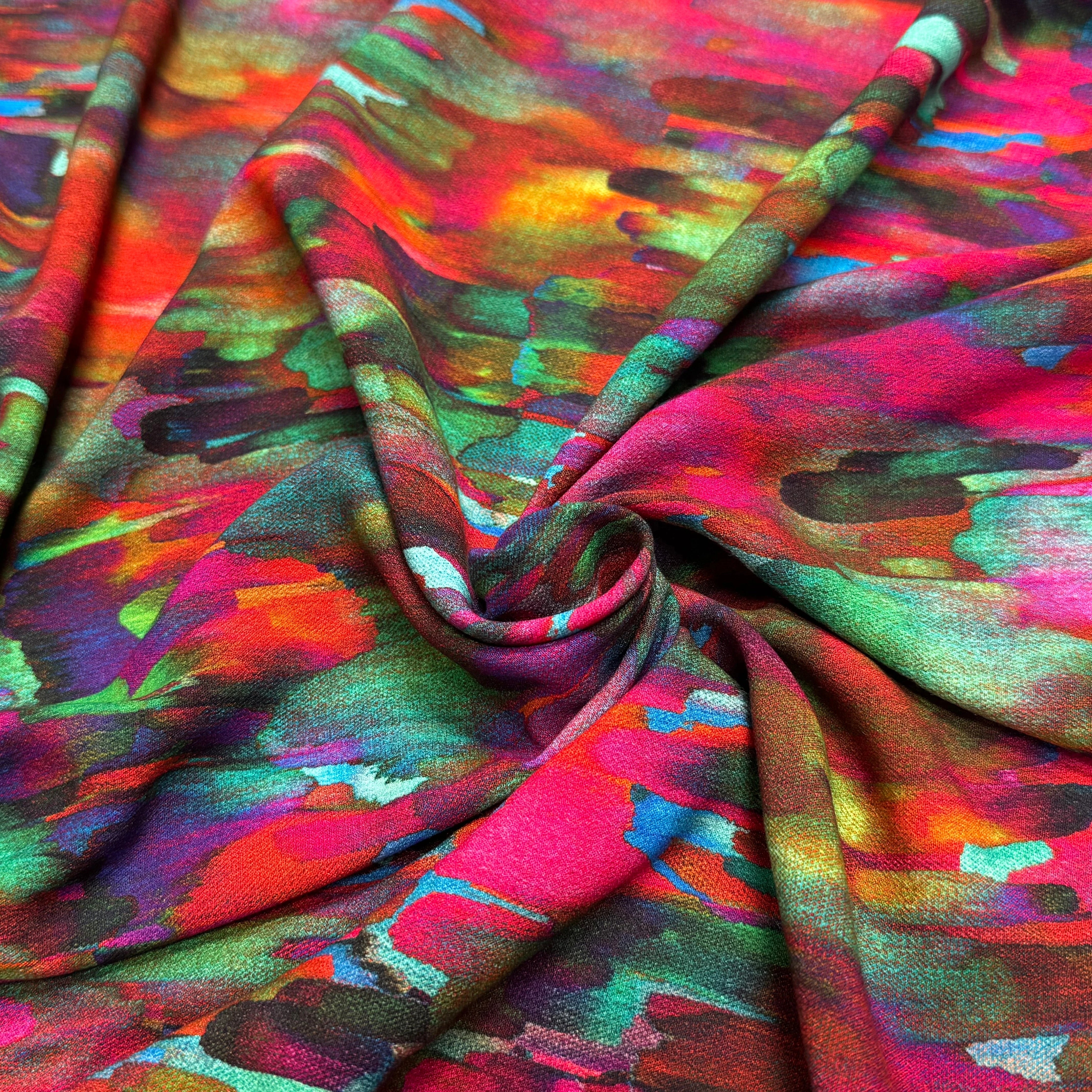 TISSU CRÊPE DE VISCOSE FLUIDE IMPRIMÉ PEINTURE MULTICOLORE CANDY PIGMENT - My Little Coupon