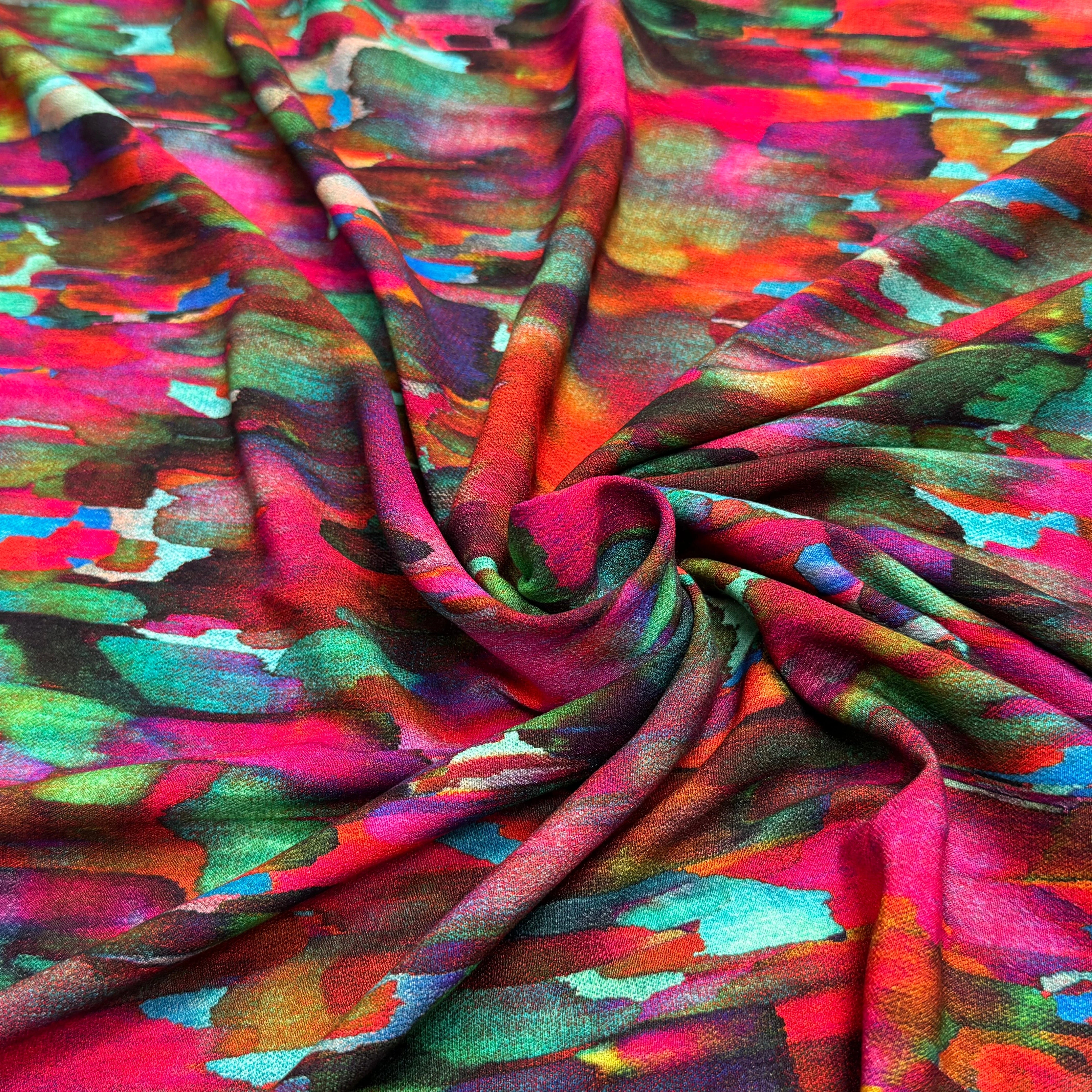 TISSU CRÊPE DE VISCOSE FLUIDE IMPRIMÉ PEINTURE MULTICOLORE CANDY PIGMENT - My Little Coupon