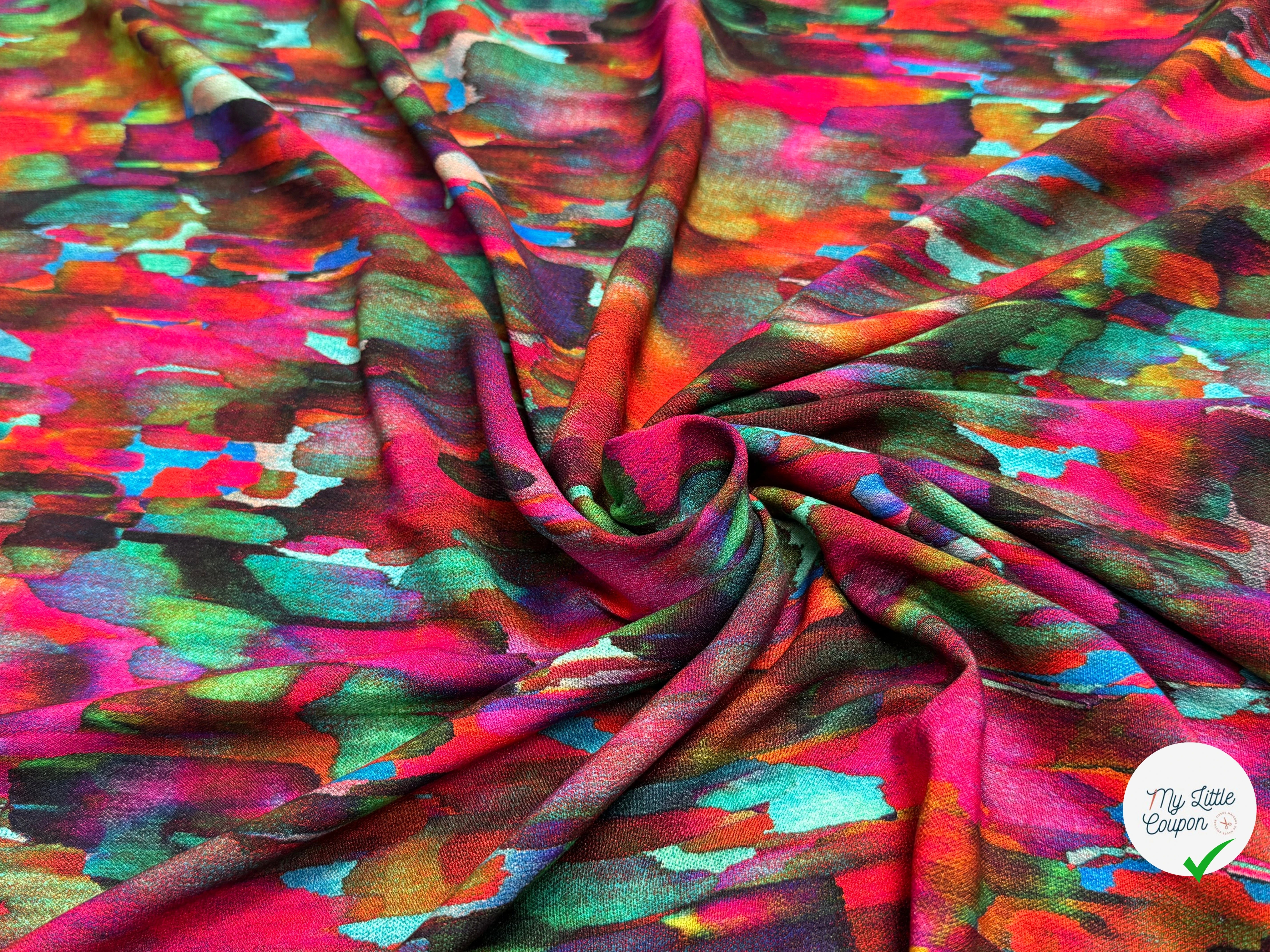 TISSU CRÊPE DE VISCOSE FLUIDE IMPRIMÉ PEINTURE MULTICOLORE CANDY PIGMENT - My Little Coupon