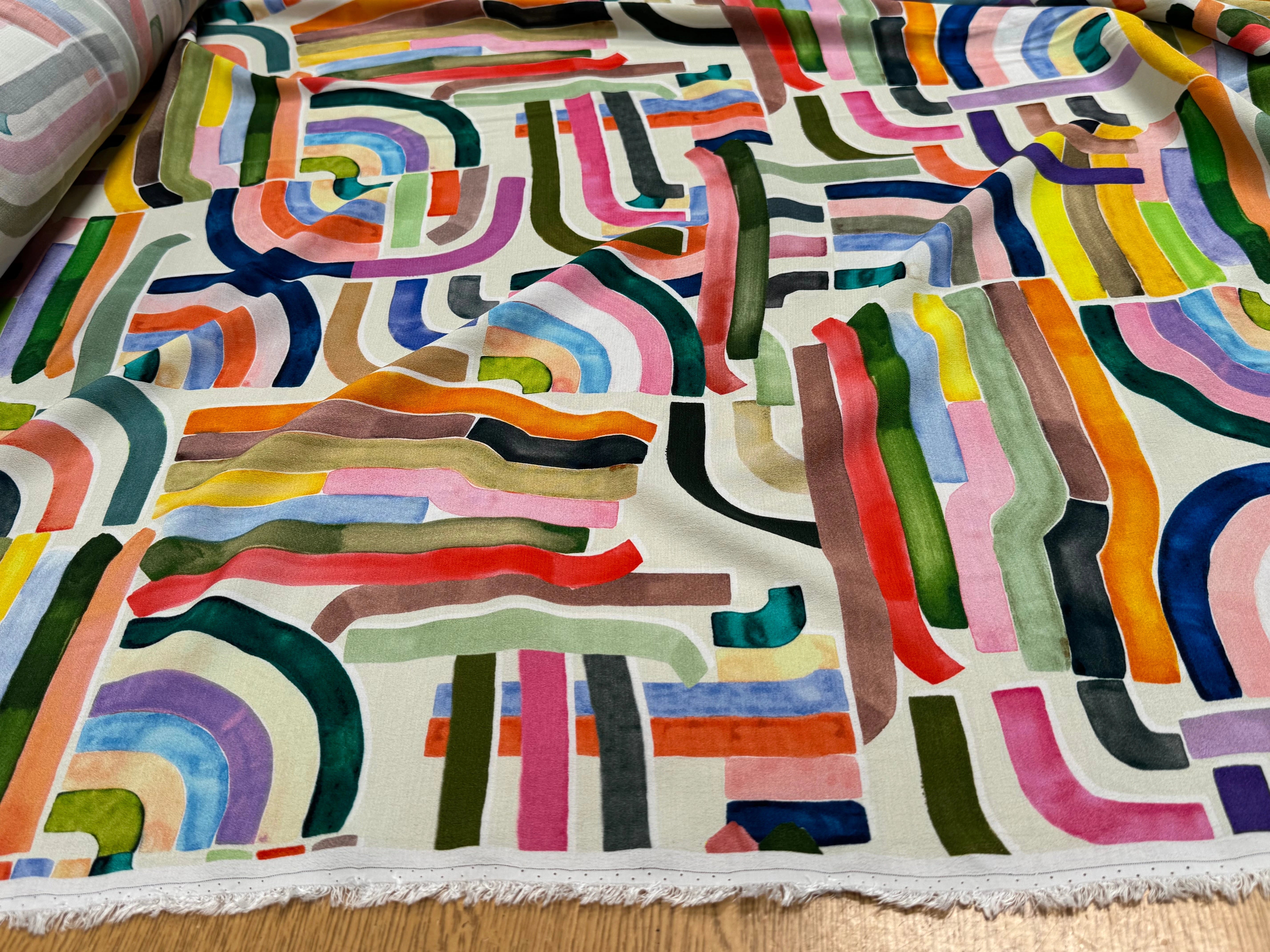 TISSU CRÊPE DE VISCOSE IMPRIMÉ GRAPHIQUE MULTICOLORE TENERE DELAUNAY MULTICOLORE - My Little Coupon