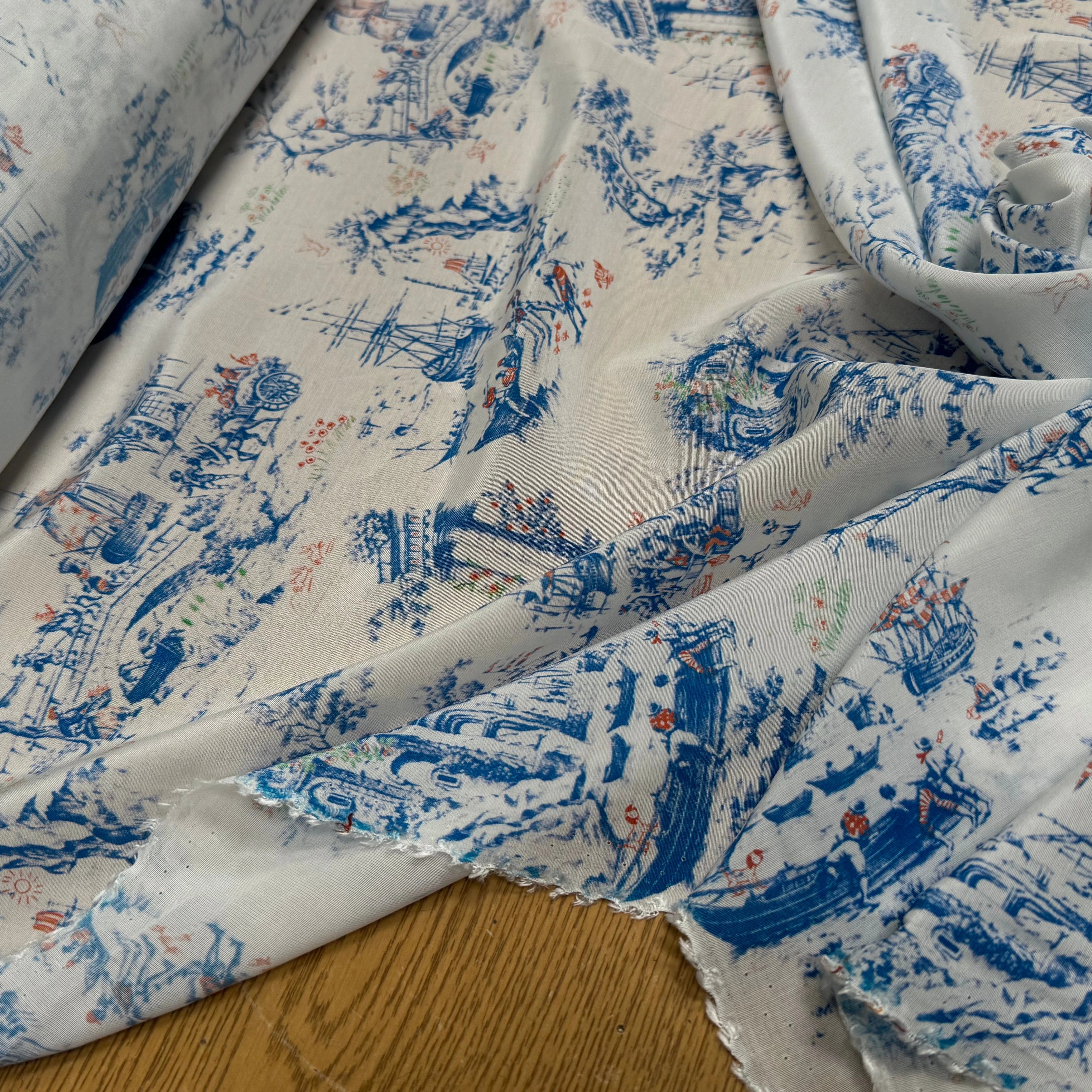 TISSU CRÊPE DE VISCOSE IMPRIMÉ TOILE DE JOUY BLEU ET BLANC TANGO TOILE DE JOUY - My Little Coupon