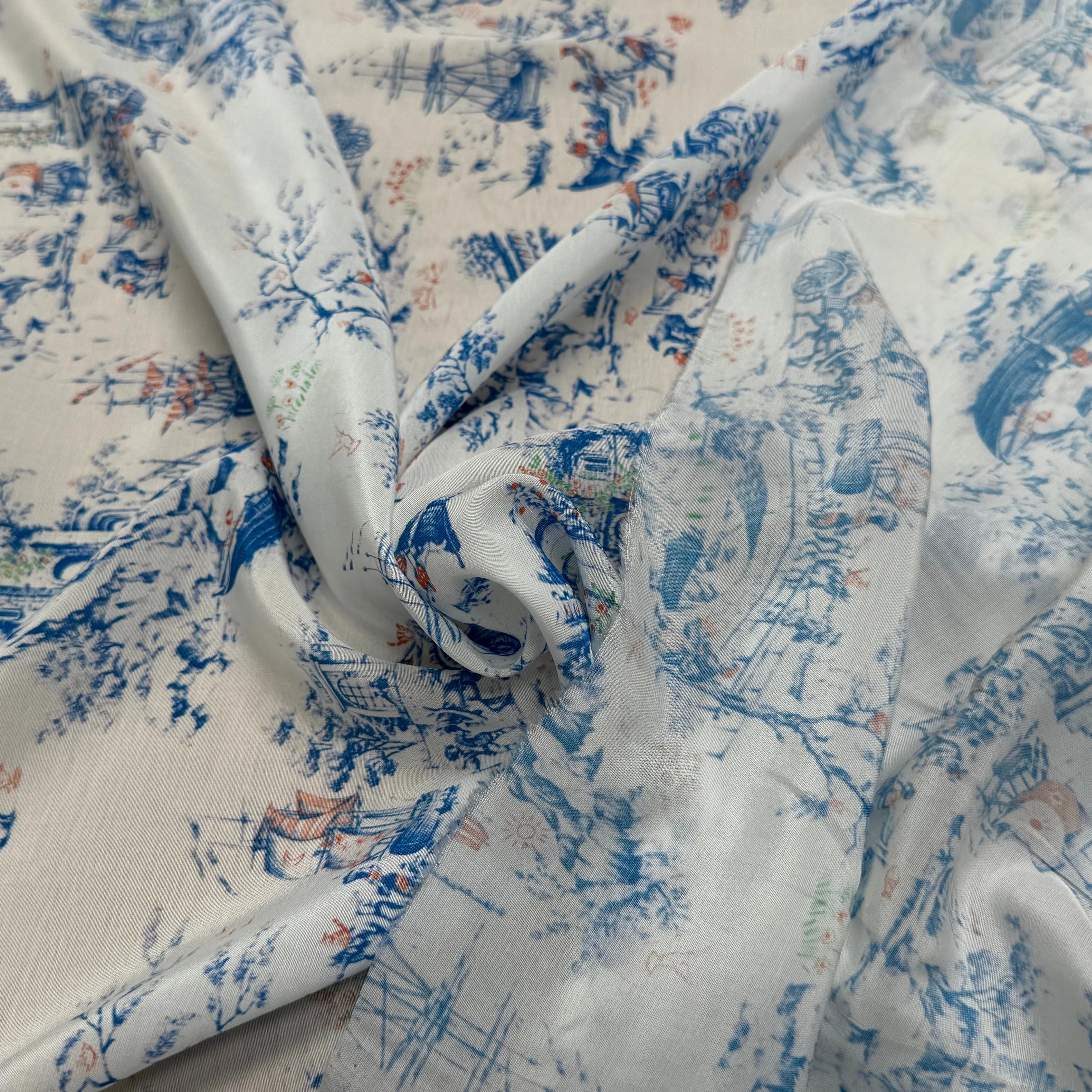TISSU CRÊPE DE VISCOSE IMPRIMÉ TOILE DE JOUY BLEU ET BLANC TANGO TOILE DE JOUY - My Little Coupon