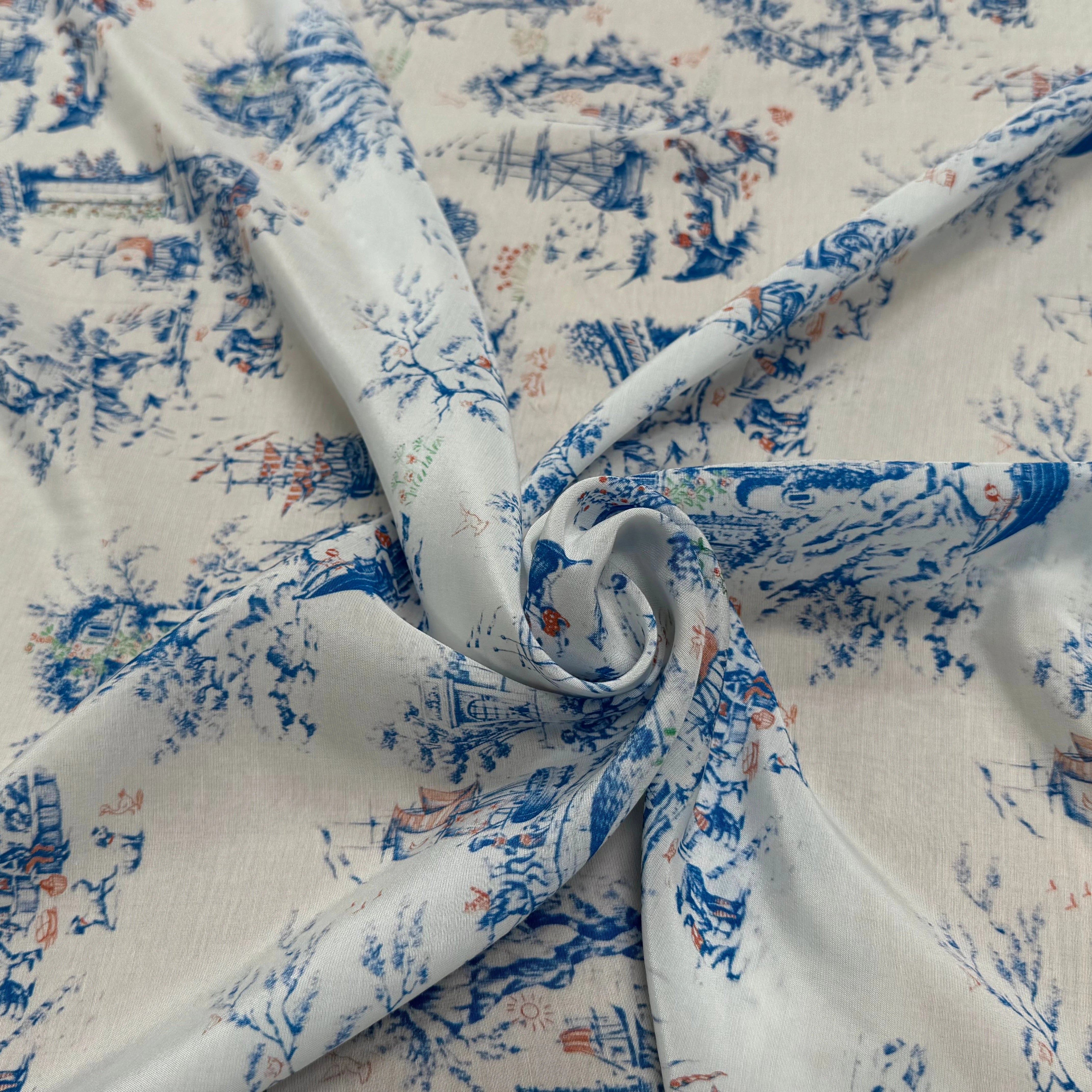 TISSU CRÊPE DE VISCOSE IMPRIMÉ TOILE DE JOUY BLEU ET BLANC TANGO TOILE DE JOUY - My Little Coupon