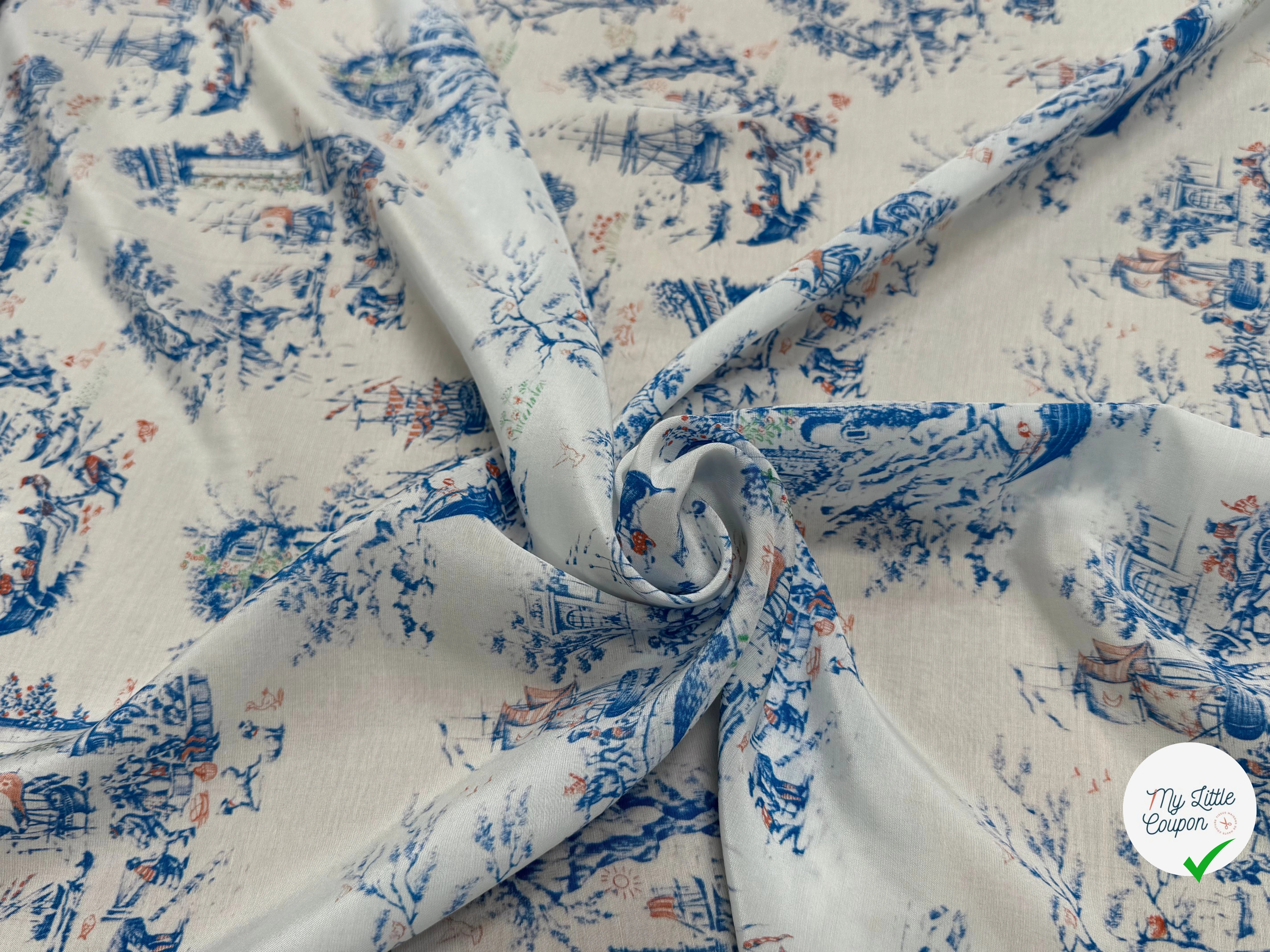 TISSU CRÊPE DE VISCOSE IMPRIMÉ TOILE DE JOUY BLEU ET BLANC TANGO TOILE DE JOUY - My Little Coupon