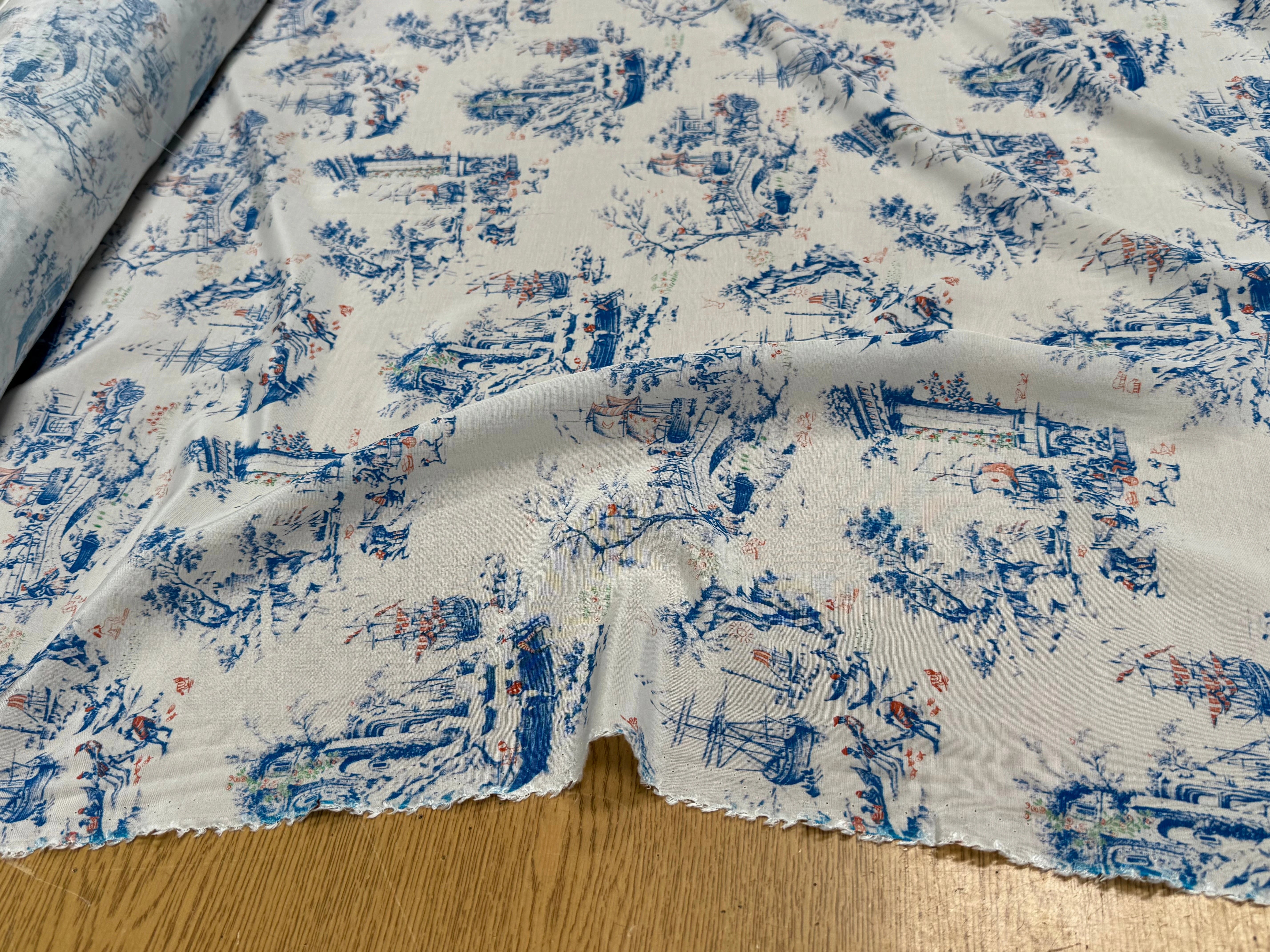 TISSU CRÊPE DE VISCOSE IMPRIMÉ TOILE DE JOUY BLEU ET BLANC TANGO TOILE DE JOUY - My Little Coupon