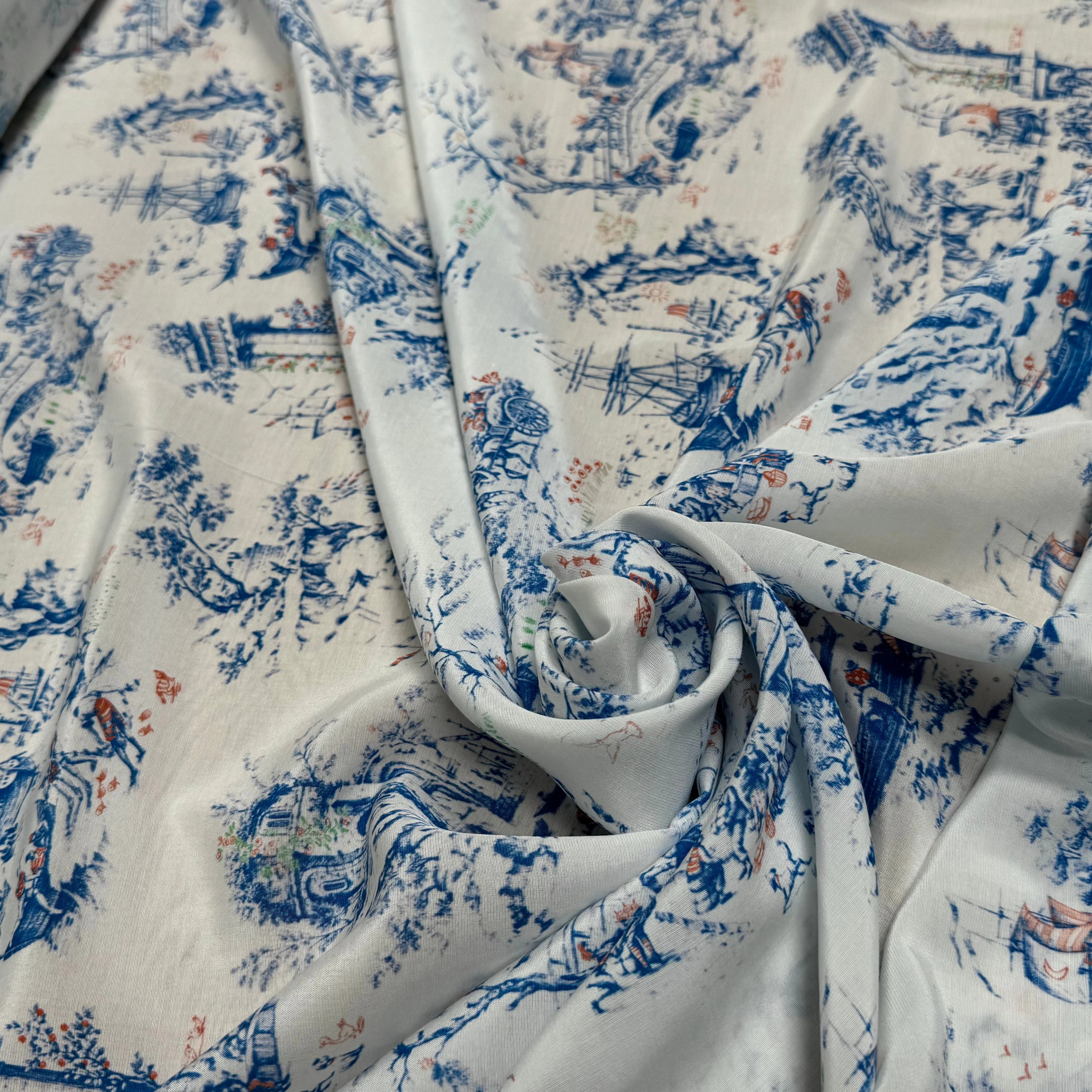 TISSU CRÊPE DE VISCOSE IMPRIMÉ TOILE DE JOUY BLEU ET BLANC TANGO TOILE DE JOUY - My Little Coupon