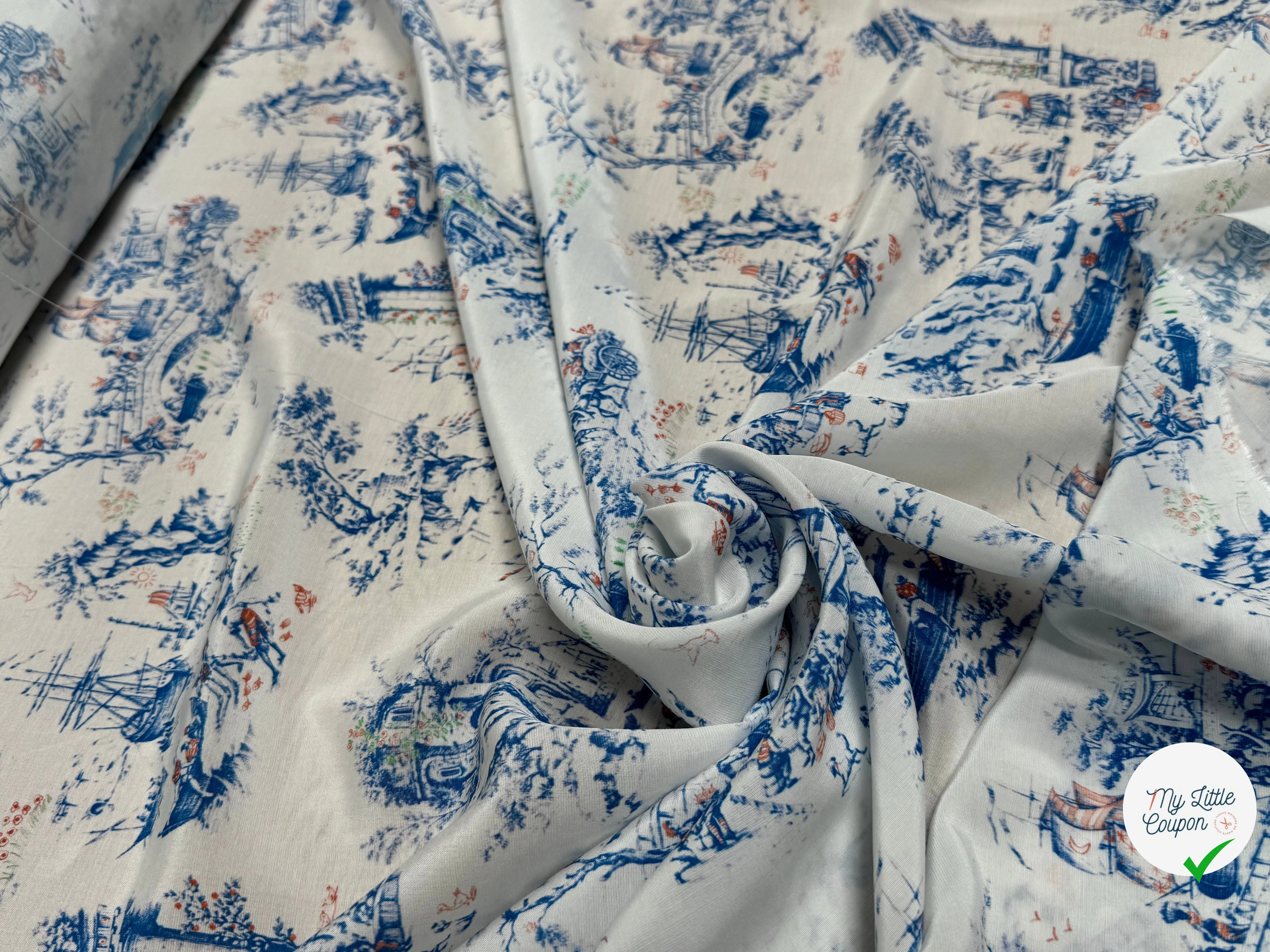 TISSU CRÊPE DE VISCOSE IMPRIMÉ TOILE DE JOUY BLEU ET BLANC TANGO TOILE DE JOUY - My Little Coupon
