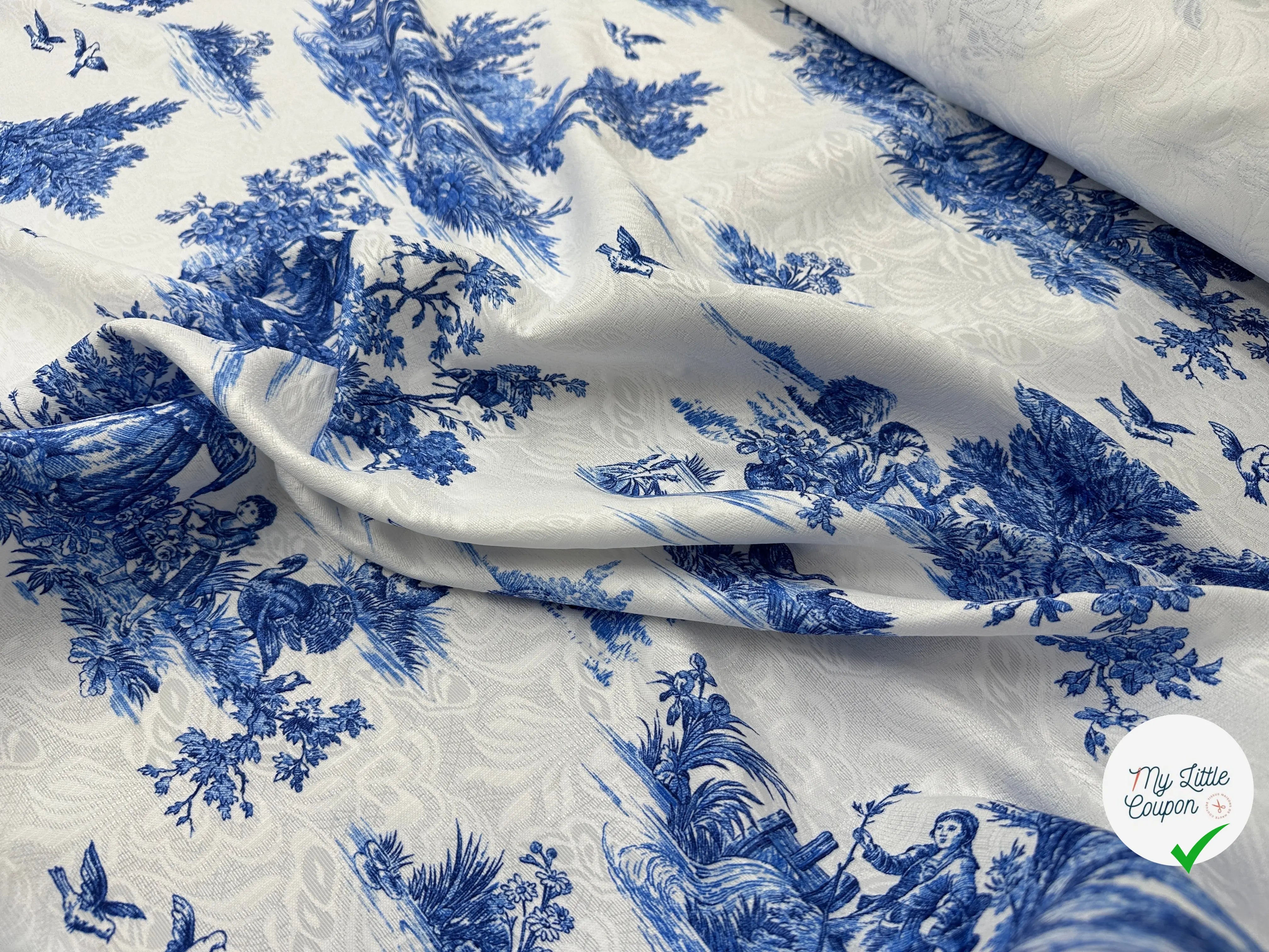 TISSU DAMASSÉ BLANC FLORILÈGE TOILE DE JOUY BLEU MSO