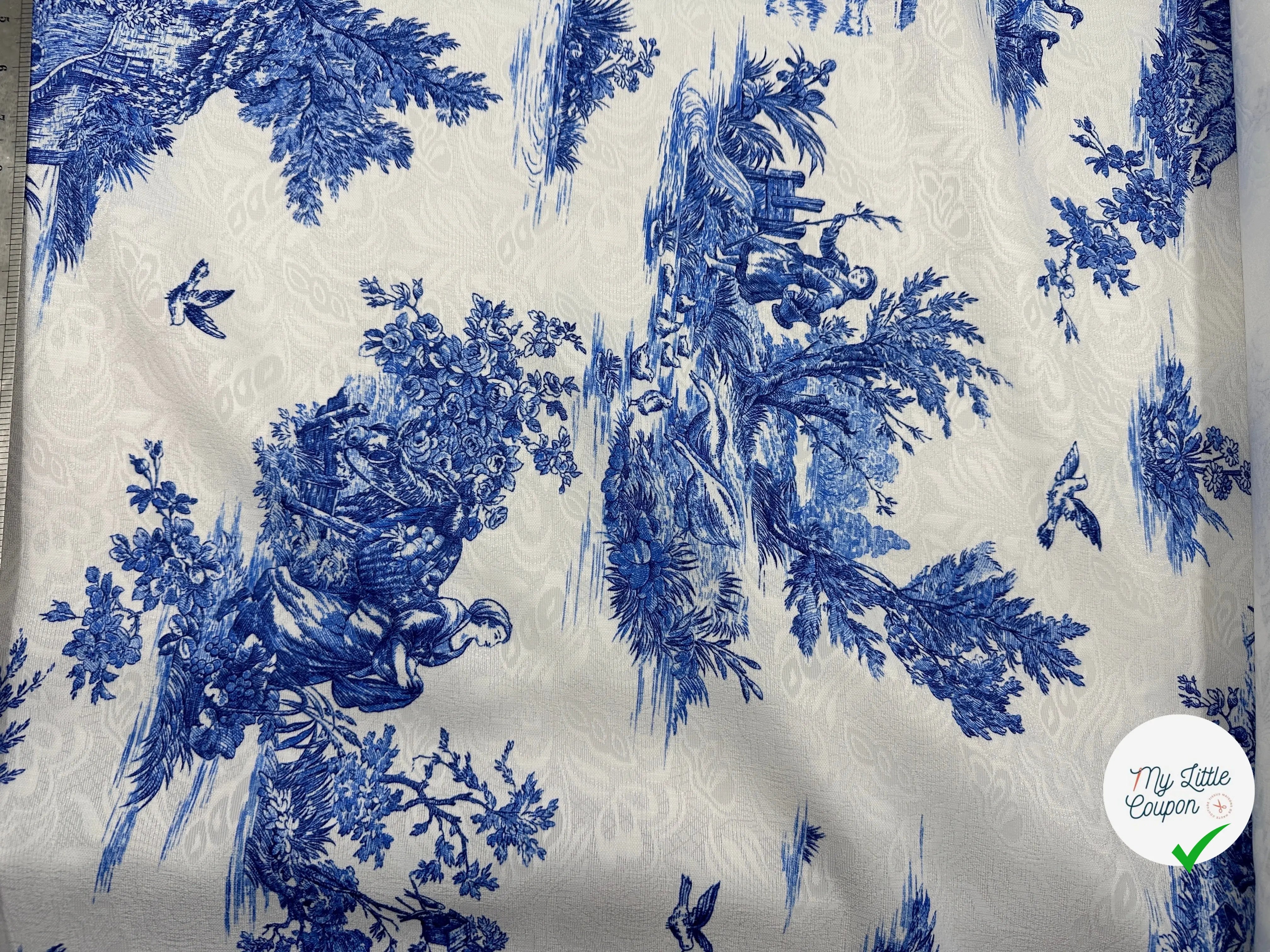 TISSU DAMASSÉ BLANC FLORILÈGE TOILE DE JOUY BLEU MSO