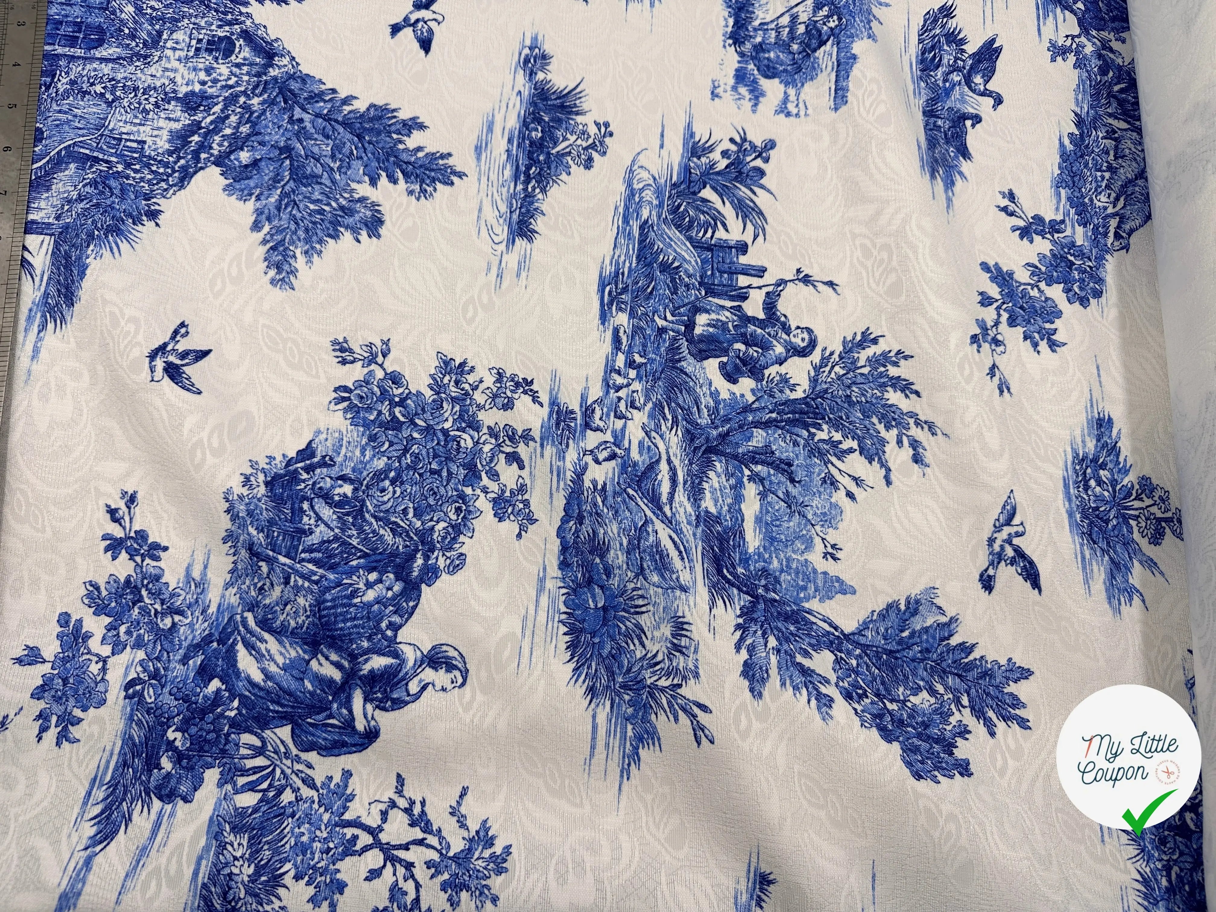 TISSU DAMASSÉ BLANC FLORILÈGE TOILE DE JOUY BLEU MSO