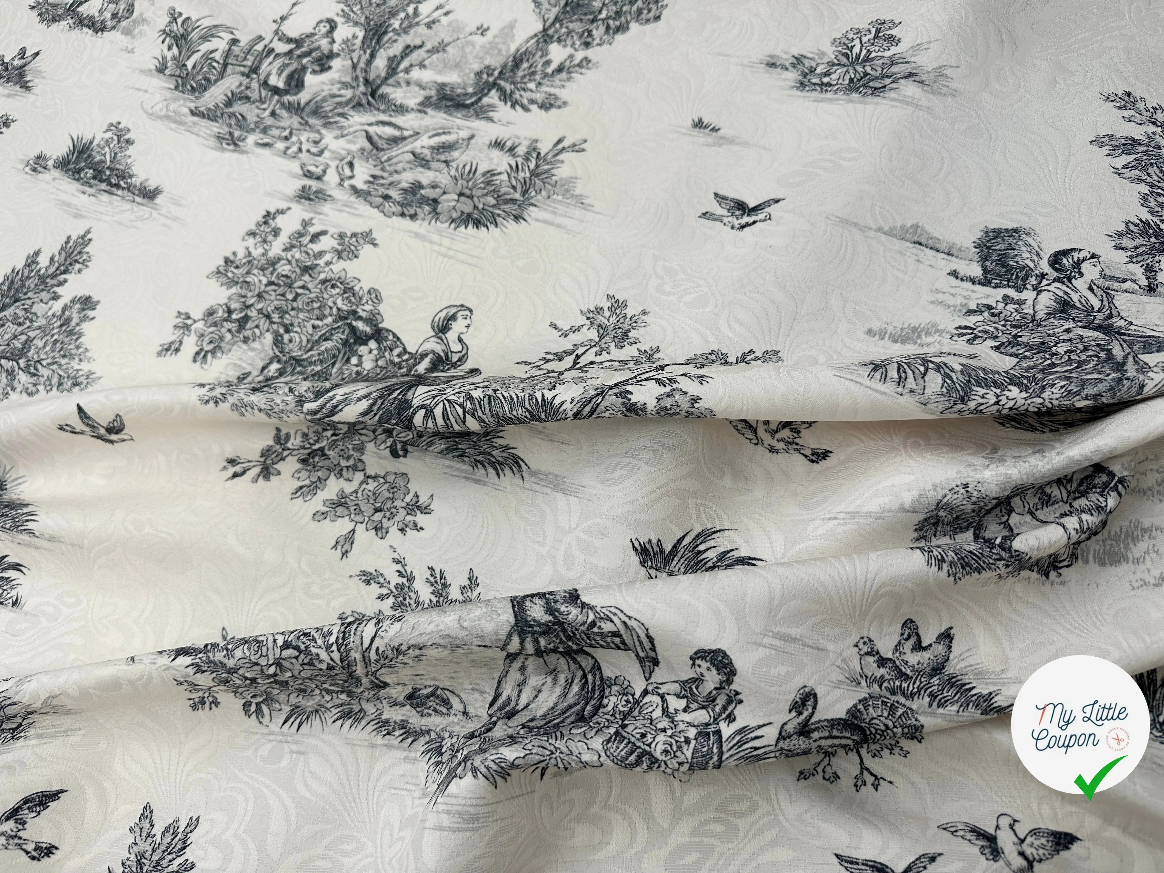 TISSU DAMASSÉ BLANC FLORILÈGE TOILE DE JOUY NOIR MSO