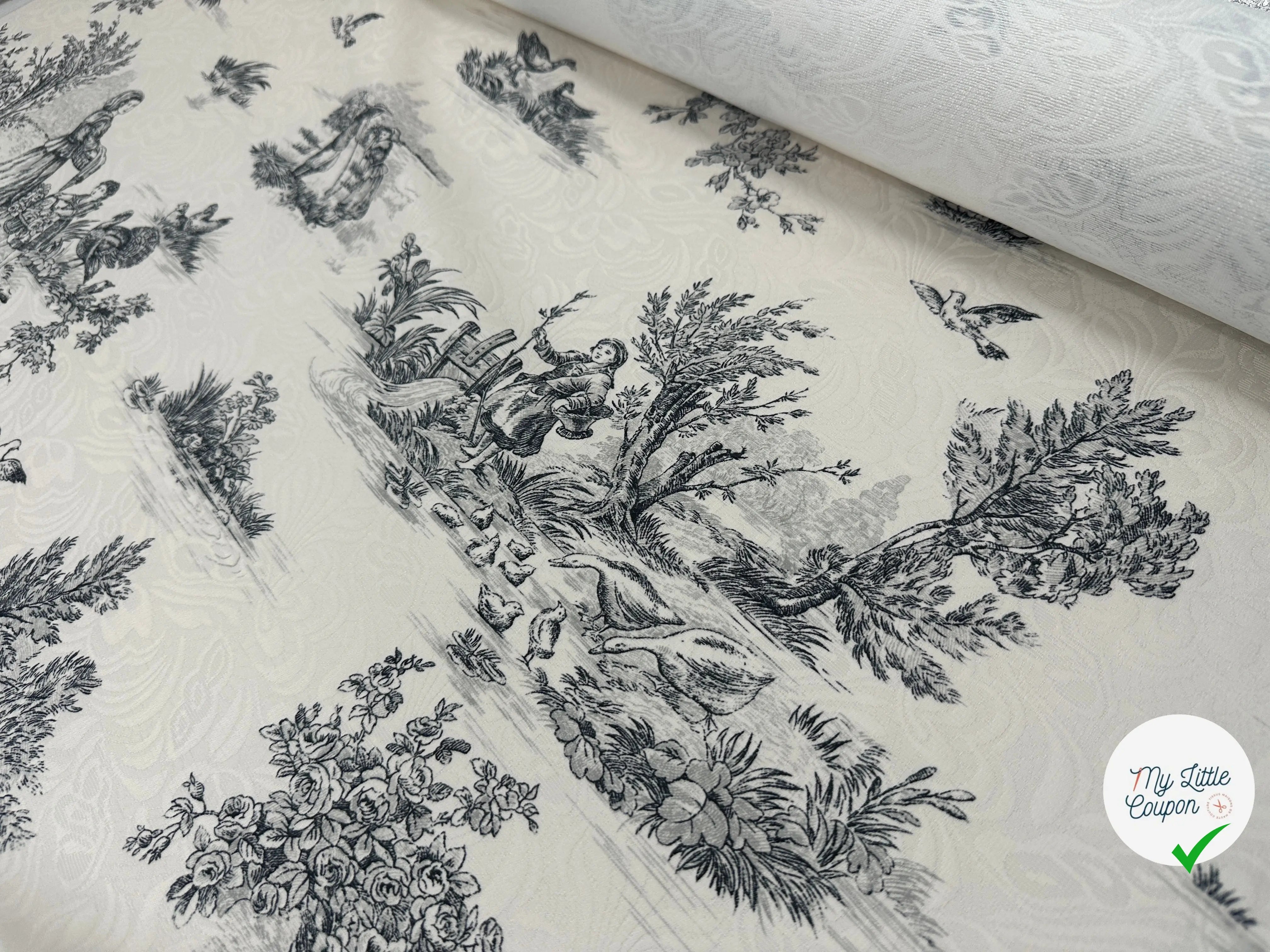 TISSU DAMASSÉ BLANC FLORILÈGE TOILE DE JOUY NOIR MSO