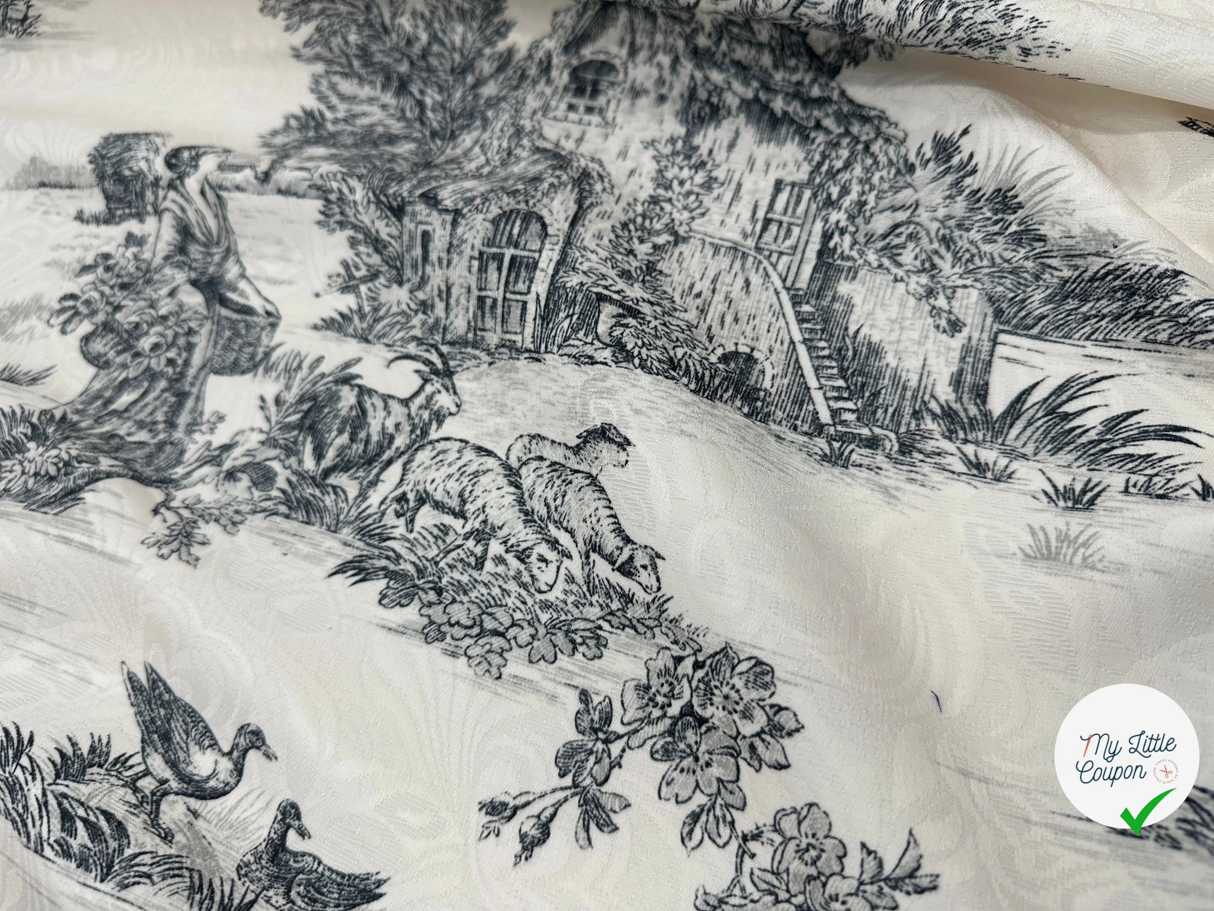 TISSU DAMASSÉ BLANC FLORILÈGE TOILE DE JOUY NOIR MSO