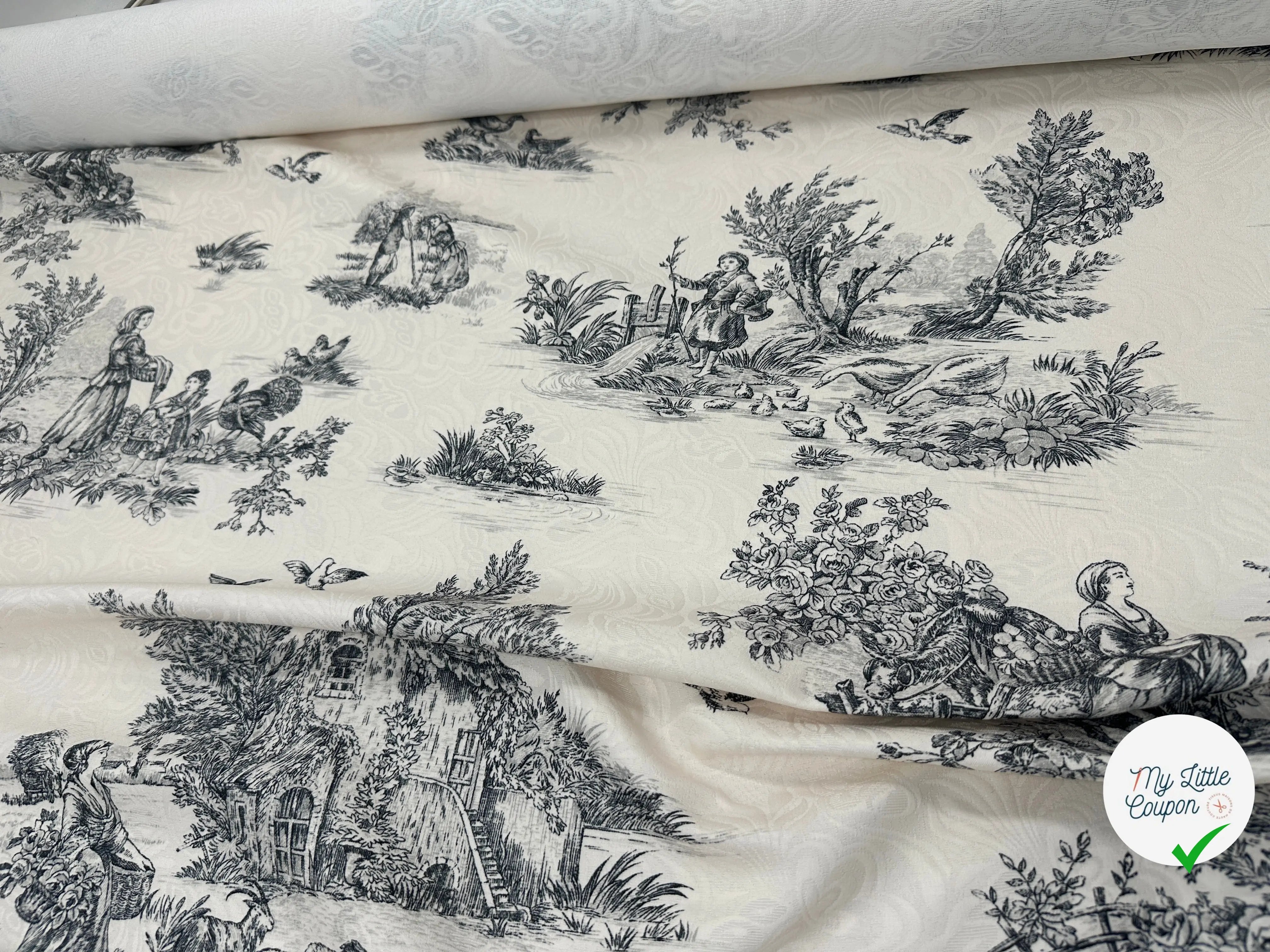 TISSU DAMASSÉ BLANC FLORILÈGE TOILE DE JOUY NOIR MSO