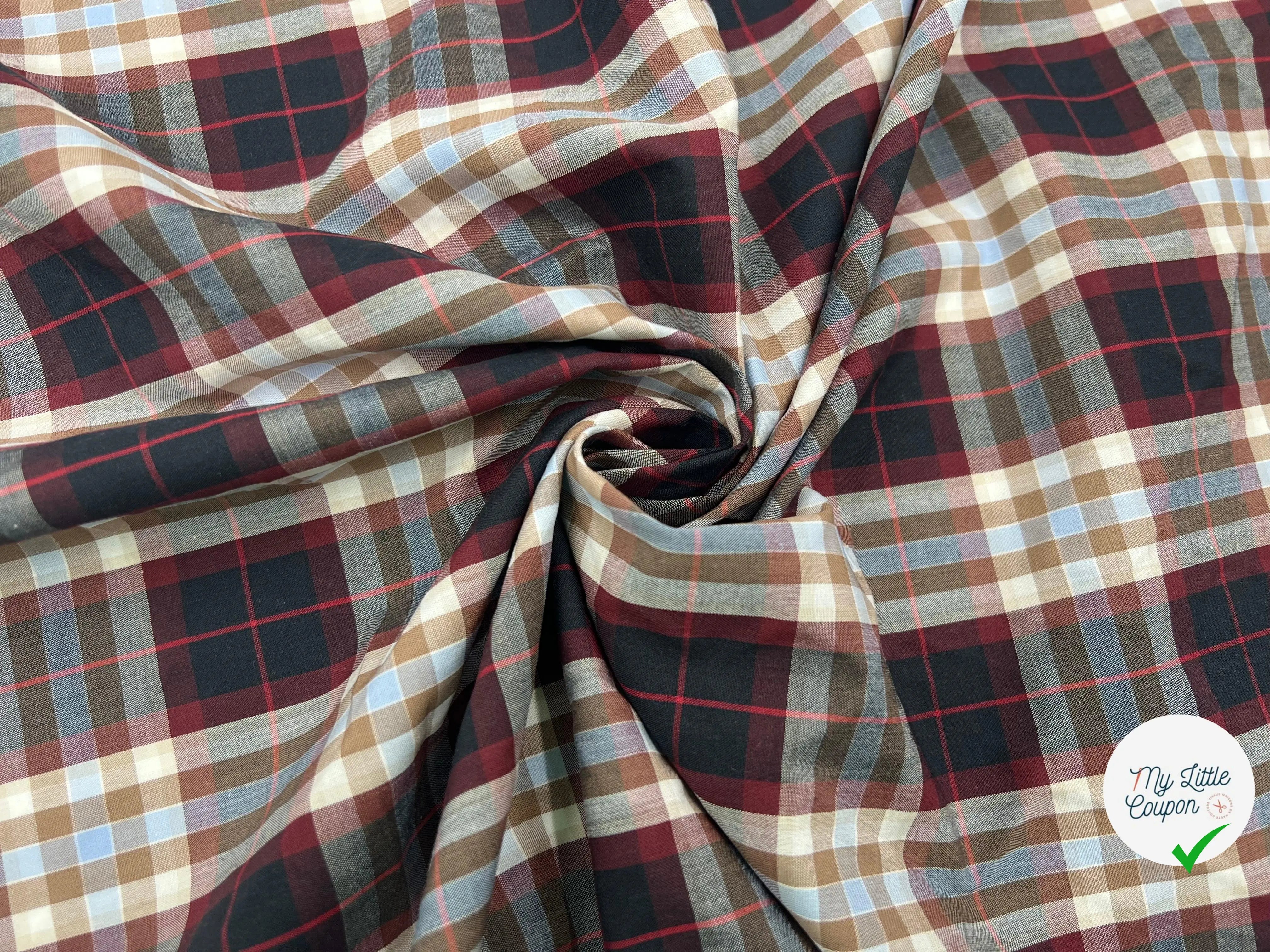 TISSU DE COTON À CARREAUX NOIR BURGUNDY ET CAFÉ - My Little Coupon - tissu - coudre