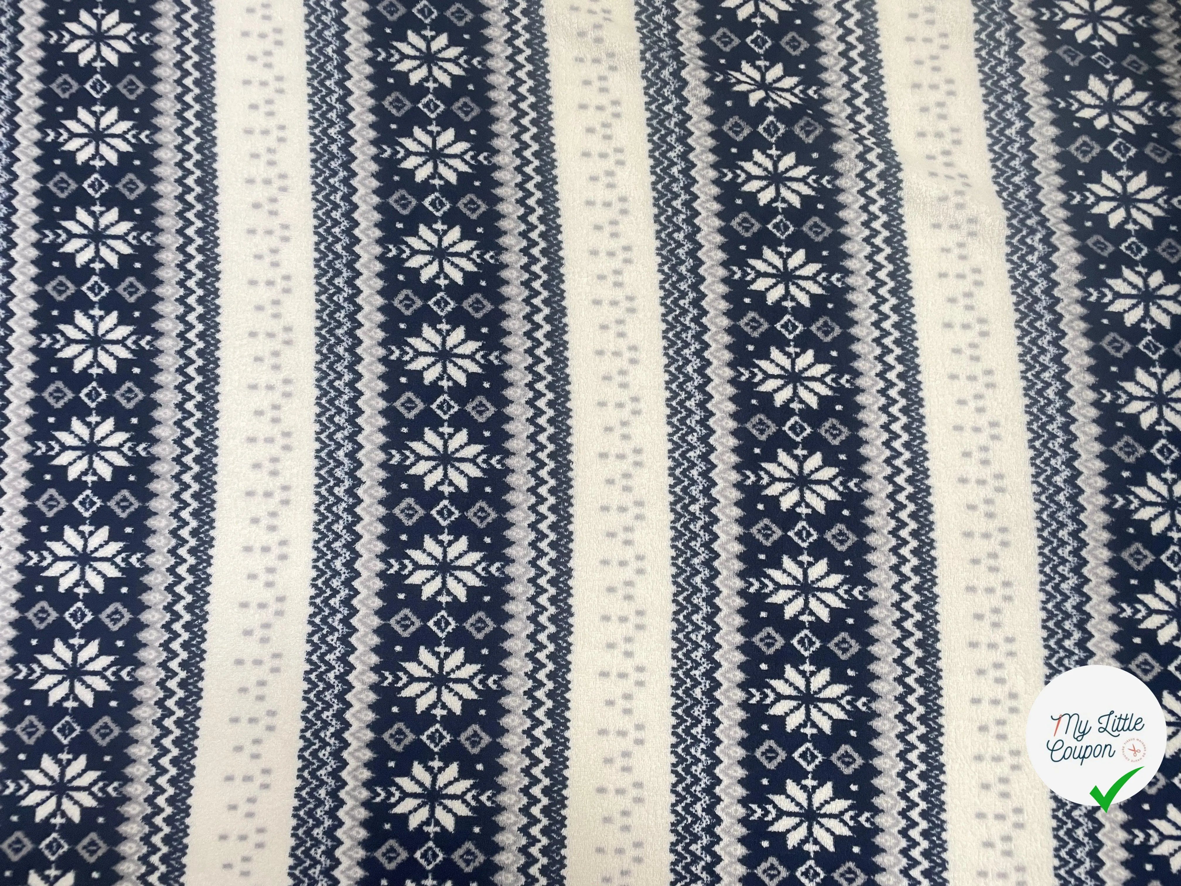 TISSU POLAIRE TRÈS DOUX LARGE RAYURES SERTIES DE FLOCONS INDIGO - My Little Coupon - tissu - coudre