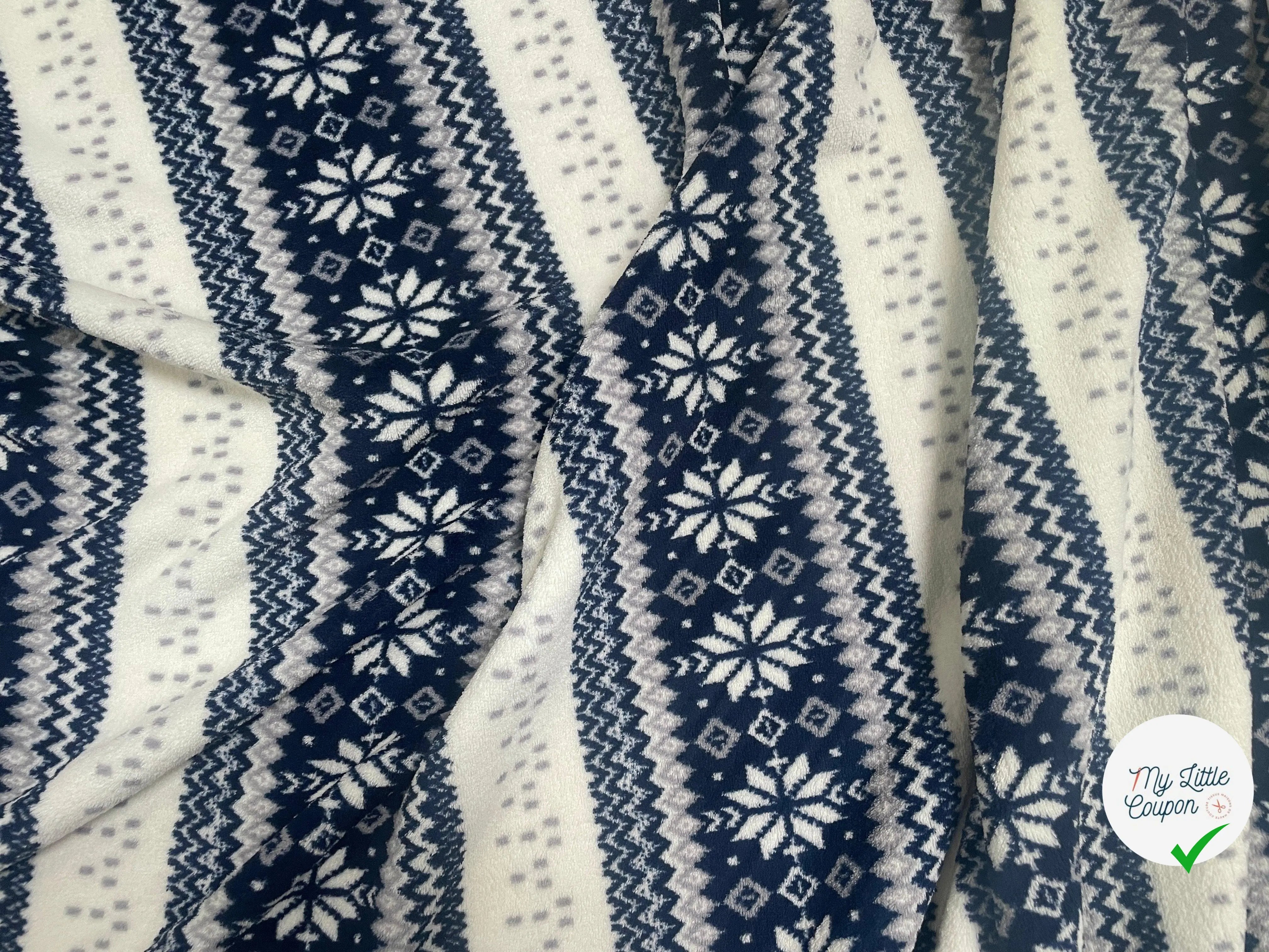 TISSU POLAIRE TRÈS DOUX LARGE RAYURES SERTIES DE FLOCONS INDIGO - My Little Coupon - tissu - coudre