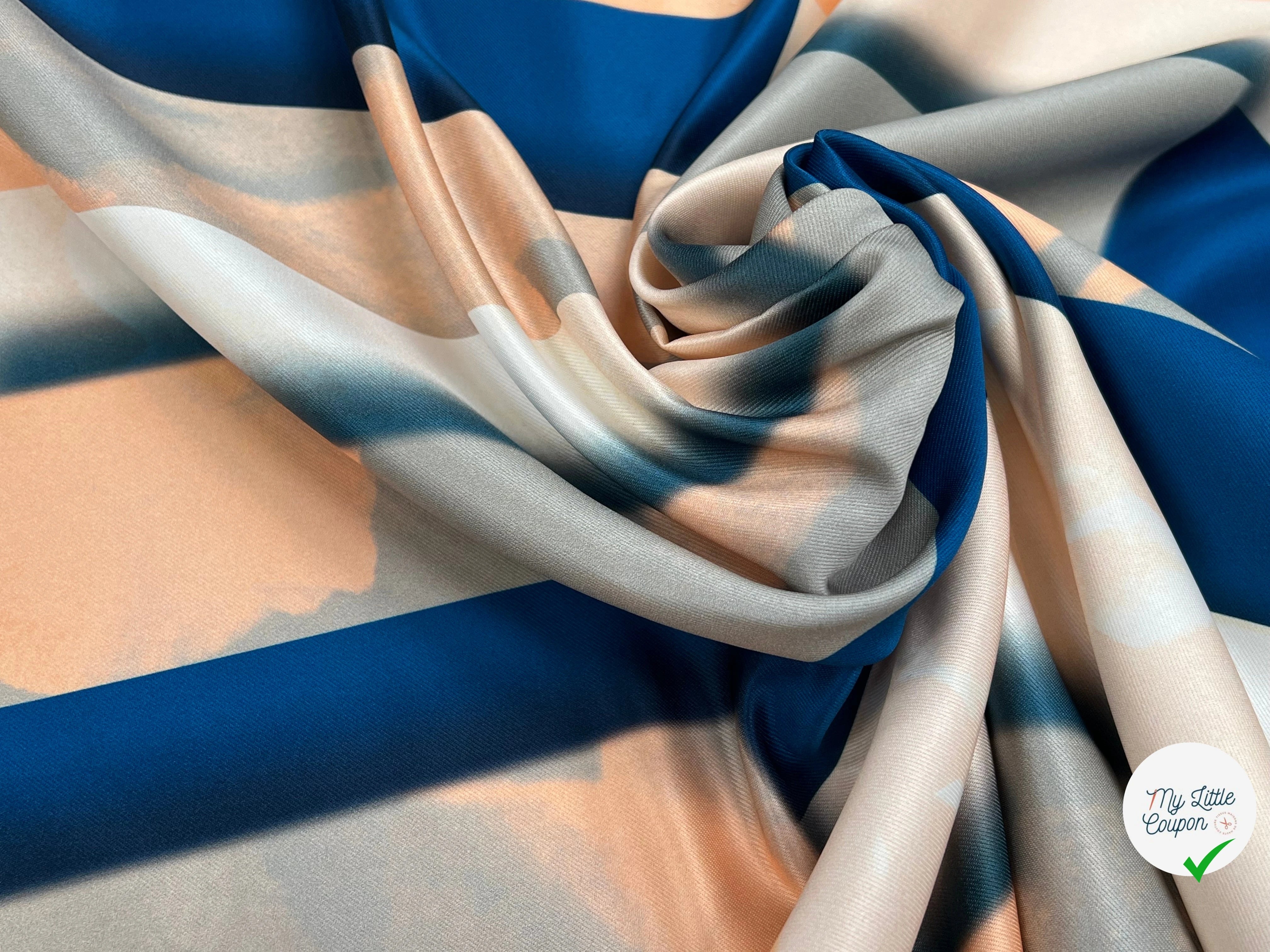 TISSU SATINÉ POLYESTER MOTIF AMBIANCE BLEU ROSE - My Little Coupon