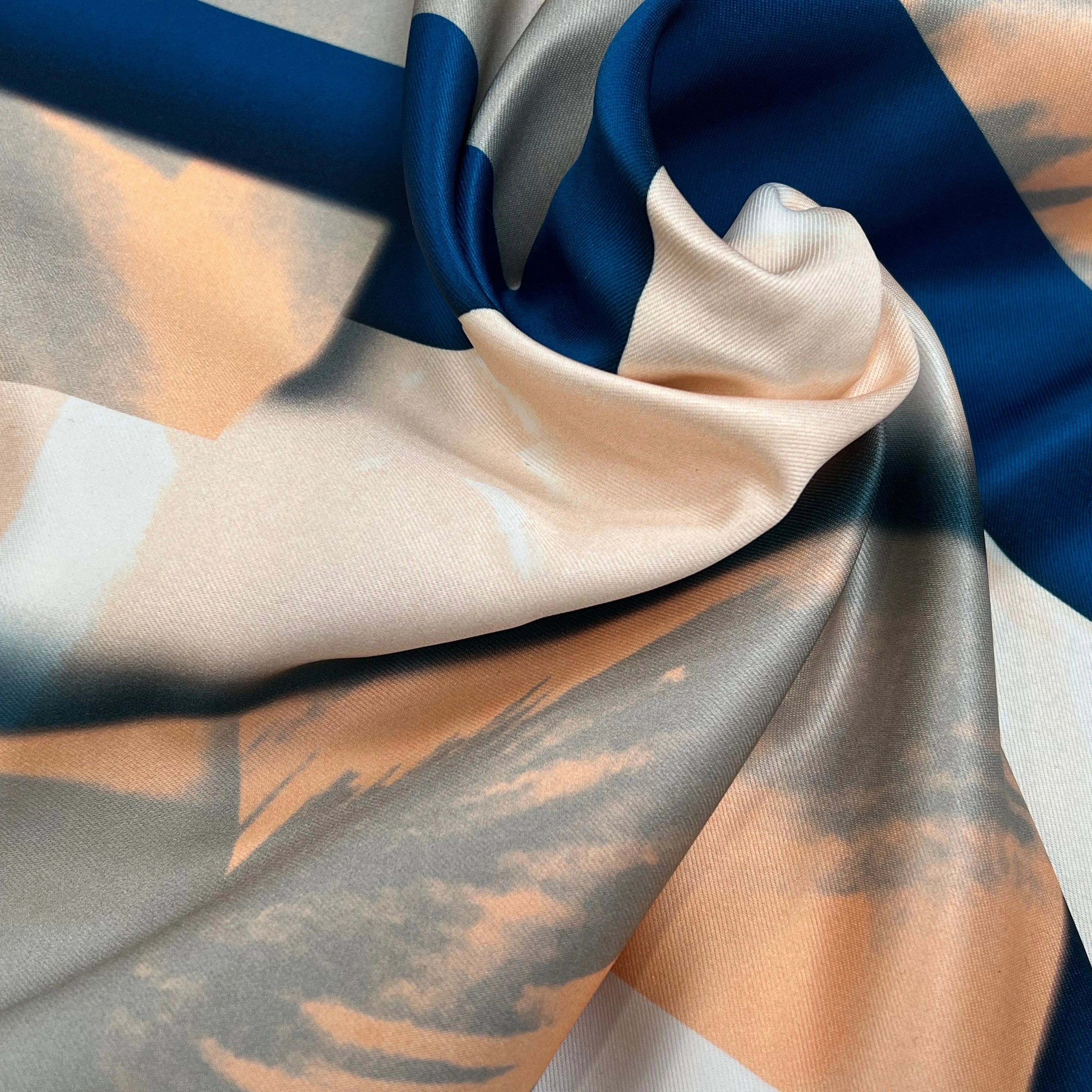 TISSU SATINÉ POLYESTER MOTIF AMBIANCE BLEU ROSE - My Little Coupon