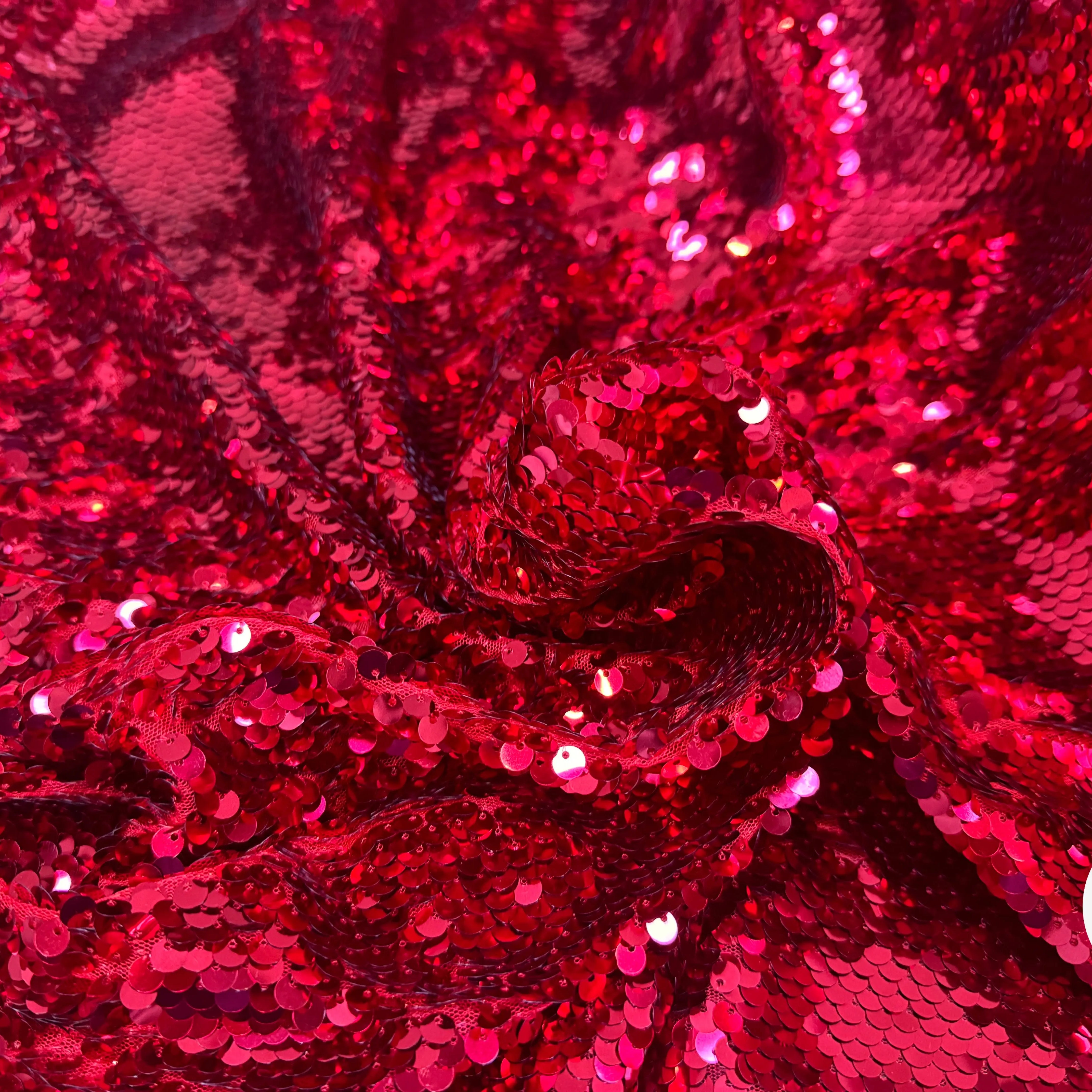 TISSU SEQUIN PAILLETTES SUR TULLE ROUGE RUBIS - My Little Coupon