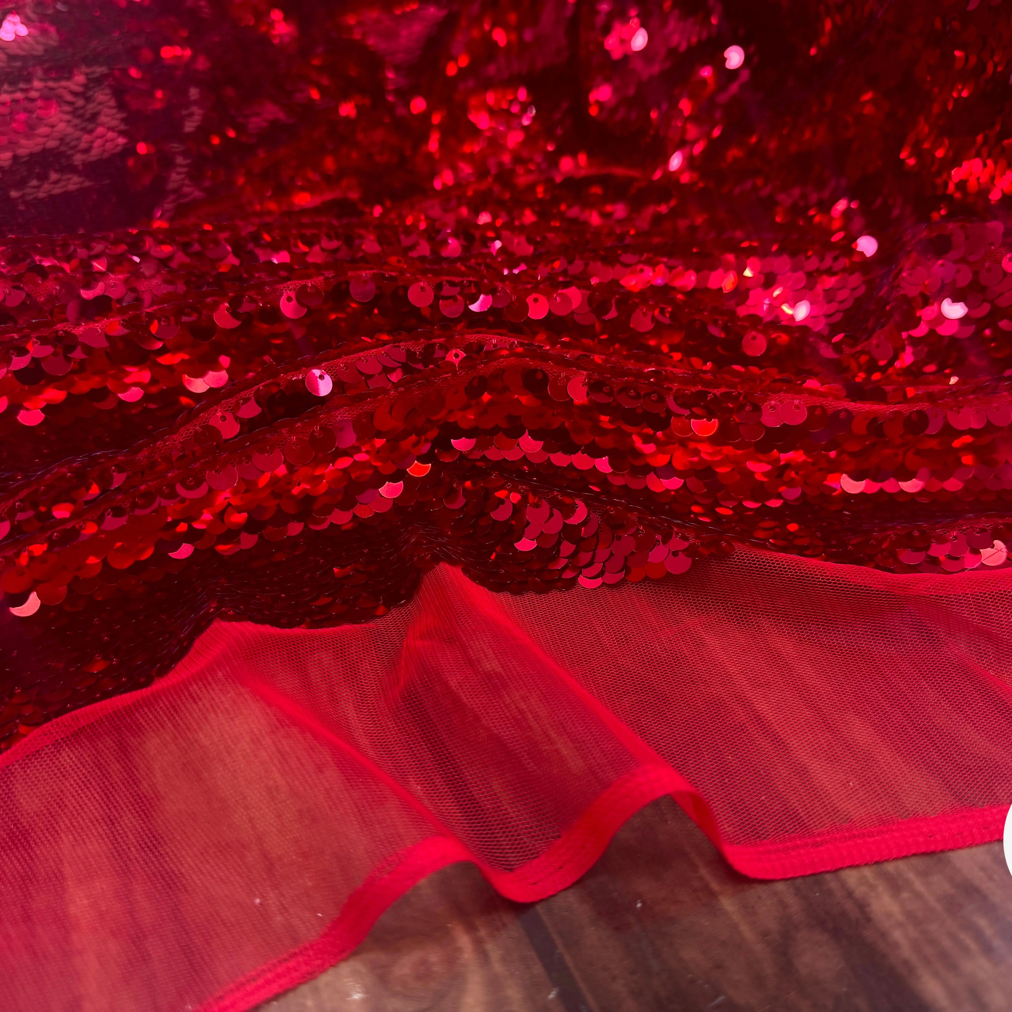 TISSU SEQUIN PAILLETTES SUR TULLE ROUGE RUBIS - My Little Coupon