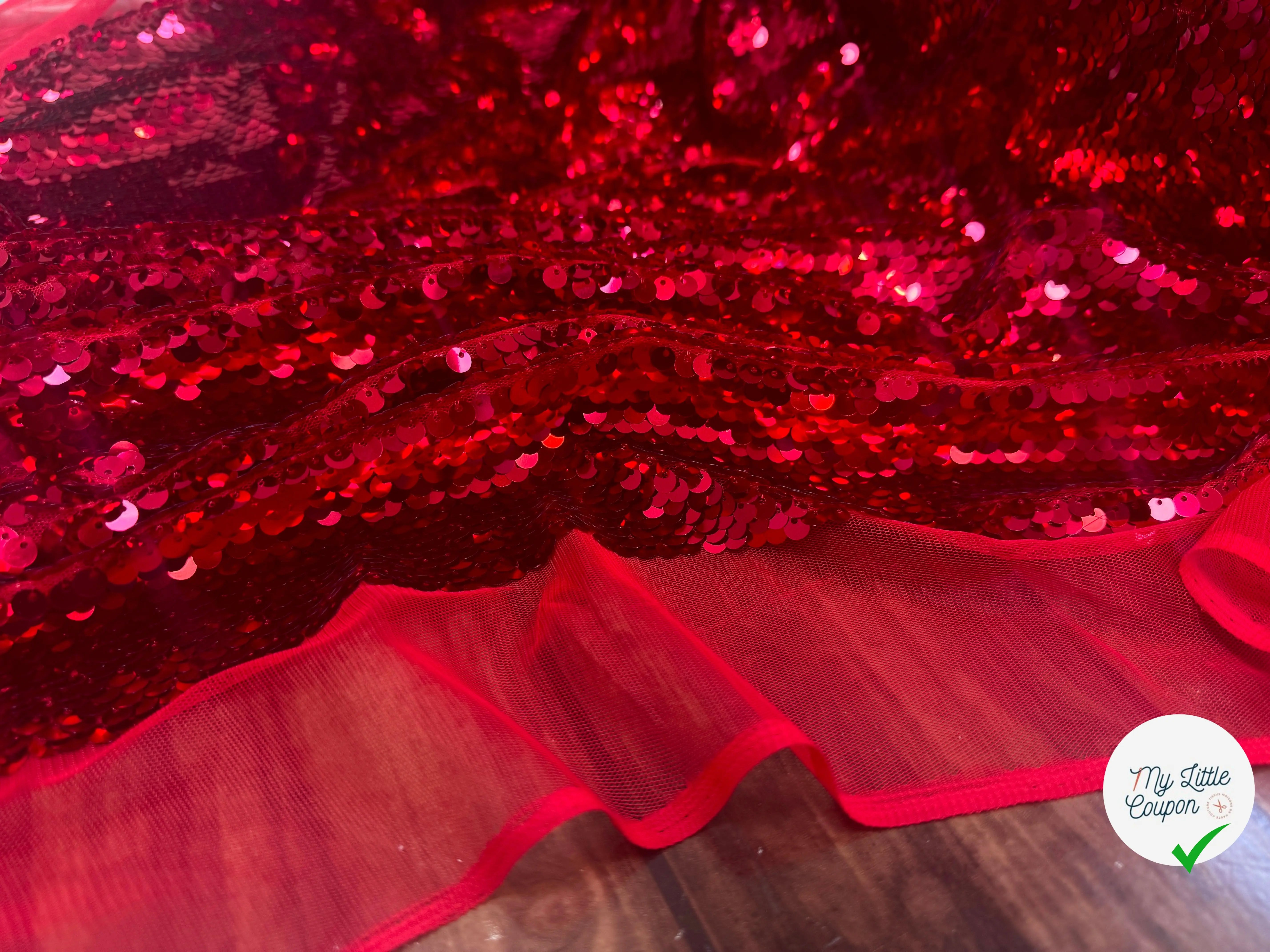 TISSU SEQUIN PAILLETTES SUR TULLE ROUGE RUBIS - My Little Coupon